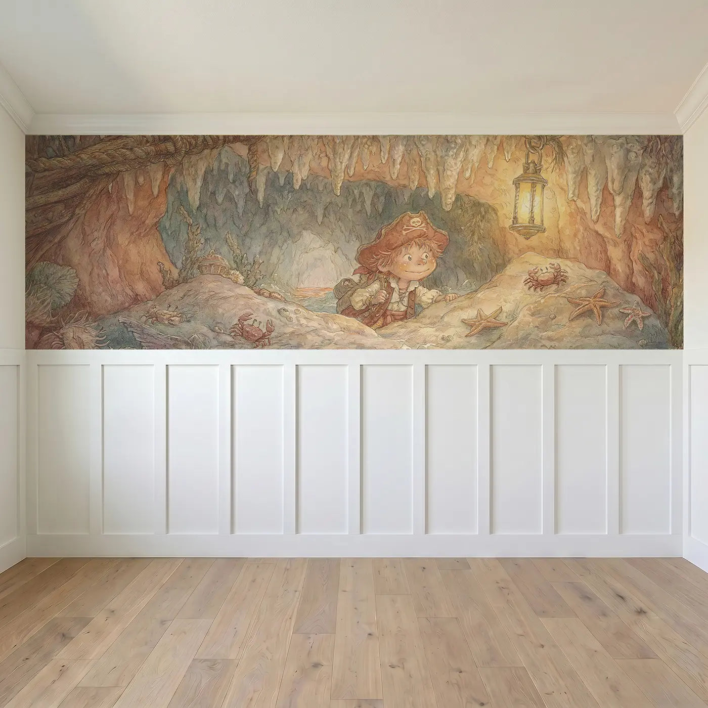 Full panel view of Pirate Cave Lantern Explore Wainscoting Wallpaper by Whimsy Tots