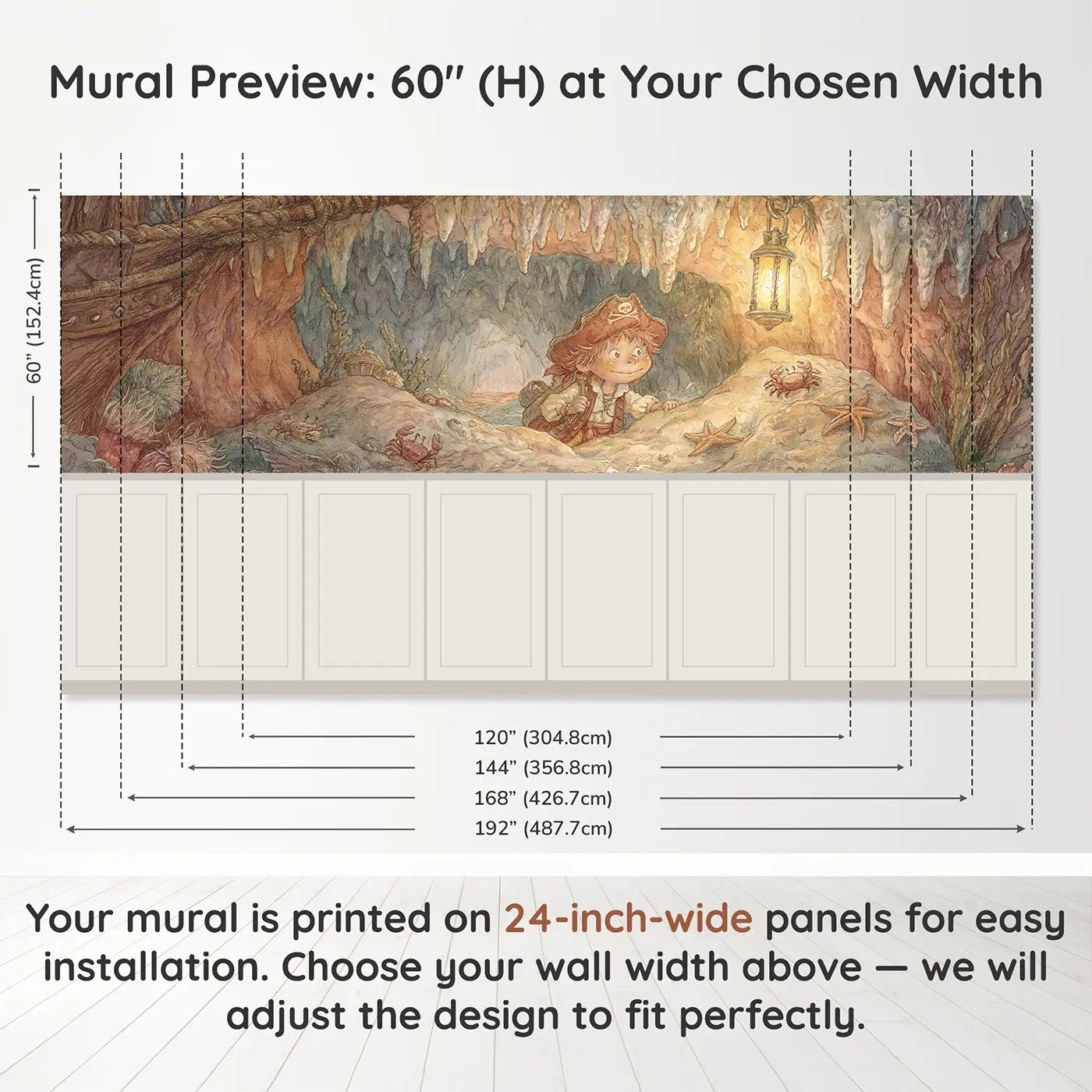 Panel dimensions for Pirate Cave Lantern Explore Wainscoting Wallpaper by Whimsy Tots