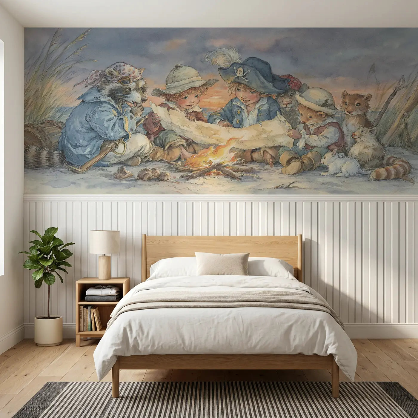 Storybook pirate map study campfire wainscoting wallpaper for bedroom by Whimsy Tots.
