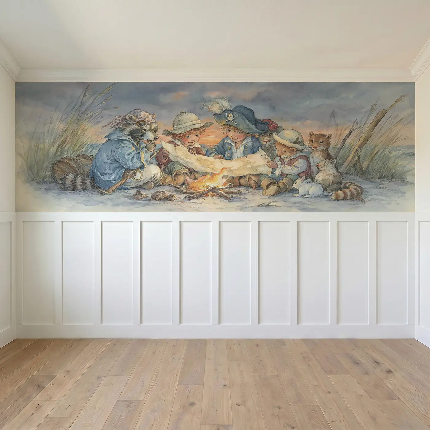 Full panel view of Pirate Map Study Campfire Wainscoting Wallpaper by Whimsy Tots