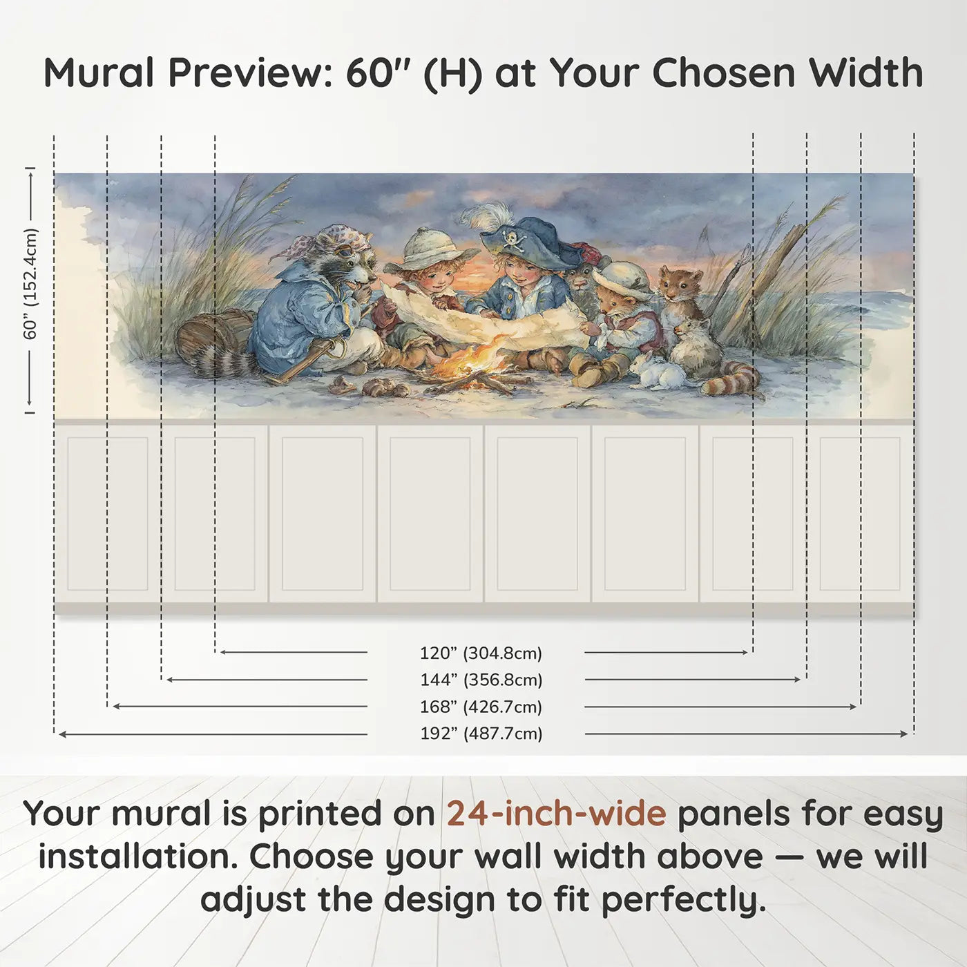 Panel dimensions for Pirate Map Study Campfire Wainscoting Wallpaper by Whimsy Tots