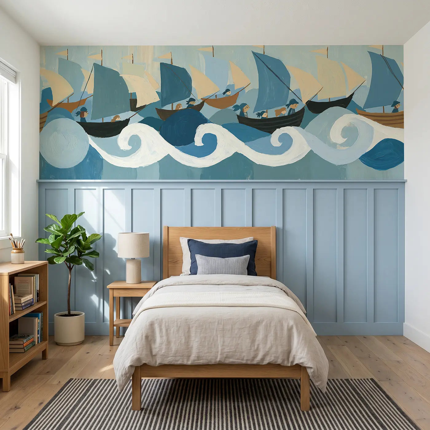 Modern Illustration pirate ship parade wainscoting wallpaper for bedroom by Whimsy Tots.
