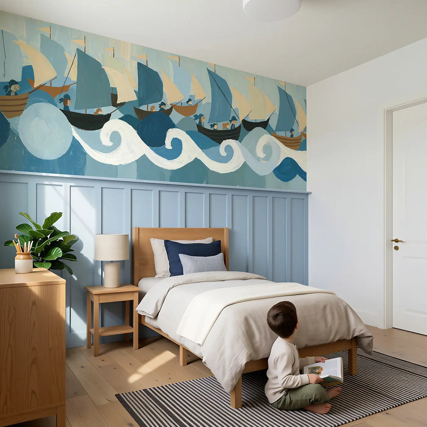 Child reading near Graphic Pirate Ship Parade Wainscoting Wallpaper by Whimsy Tots