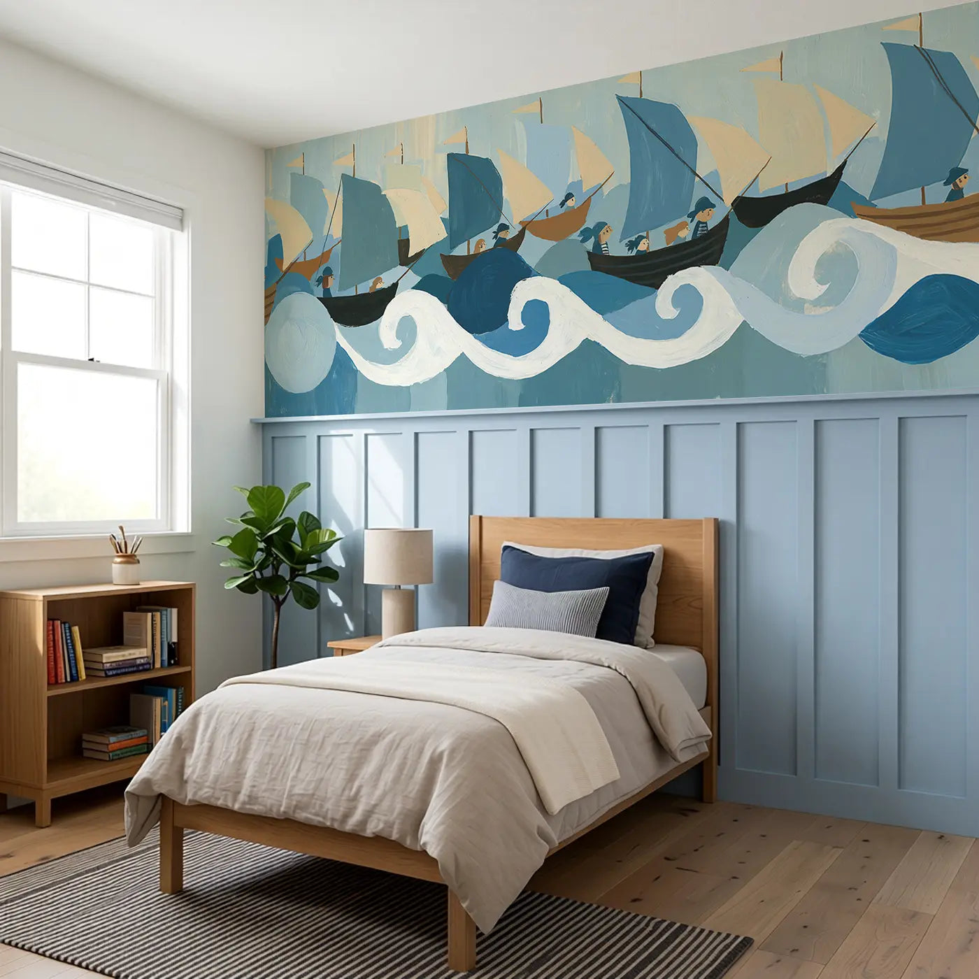 Graphic Pirate Ship Parade Wainscoting Wallpaper styled in a kids bedroom by Whimsy Tots