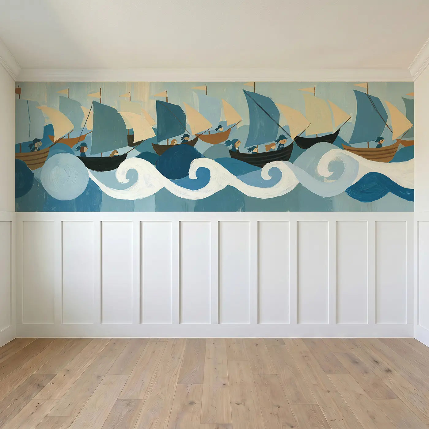 Full panel view of Graphic Pirate Ship Parade Wainscoting Wallpaper by Whimsy Tots
