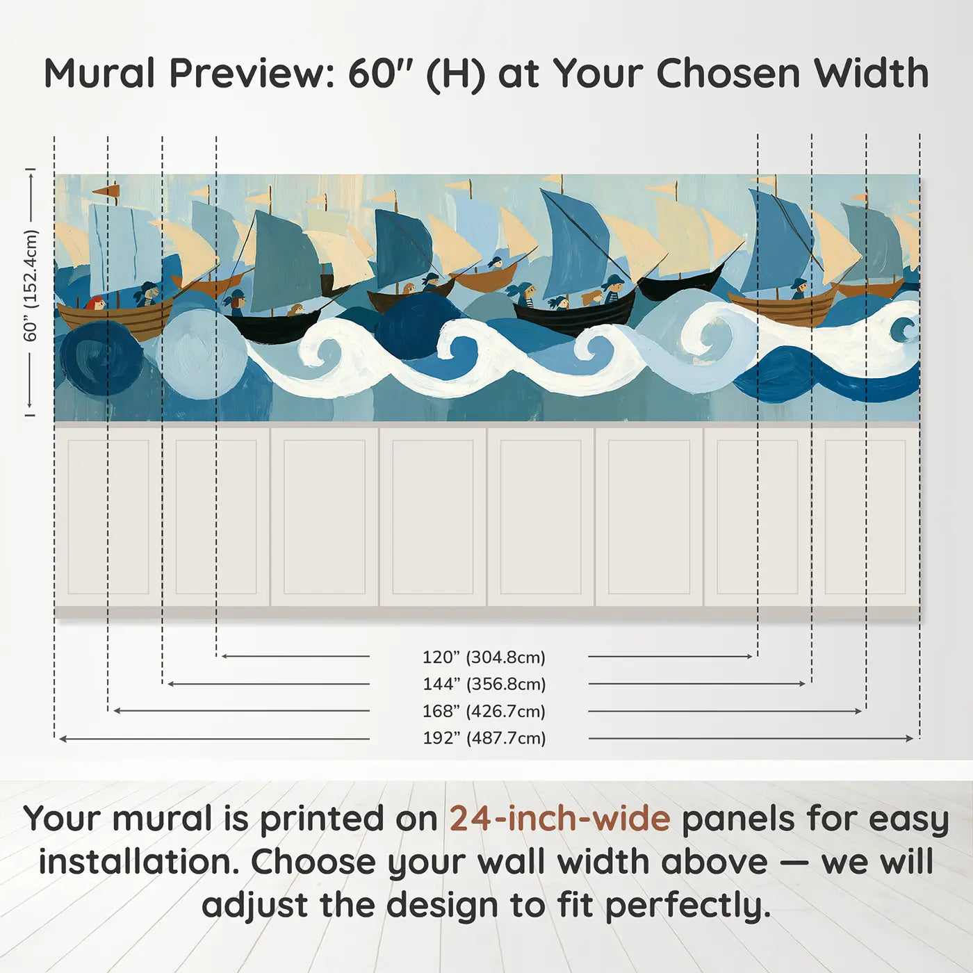 Panel dimensions for Graphic Pirate Ship Parade Wainscoting Wallpaper by Whimsy Tots