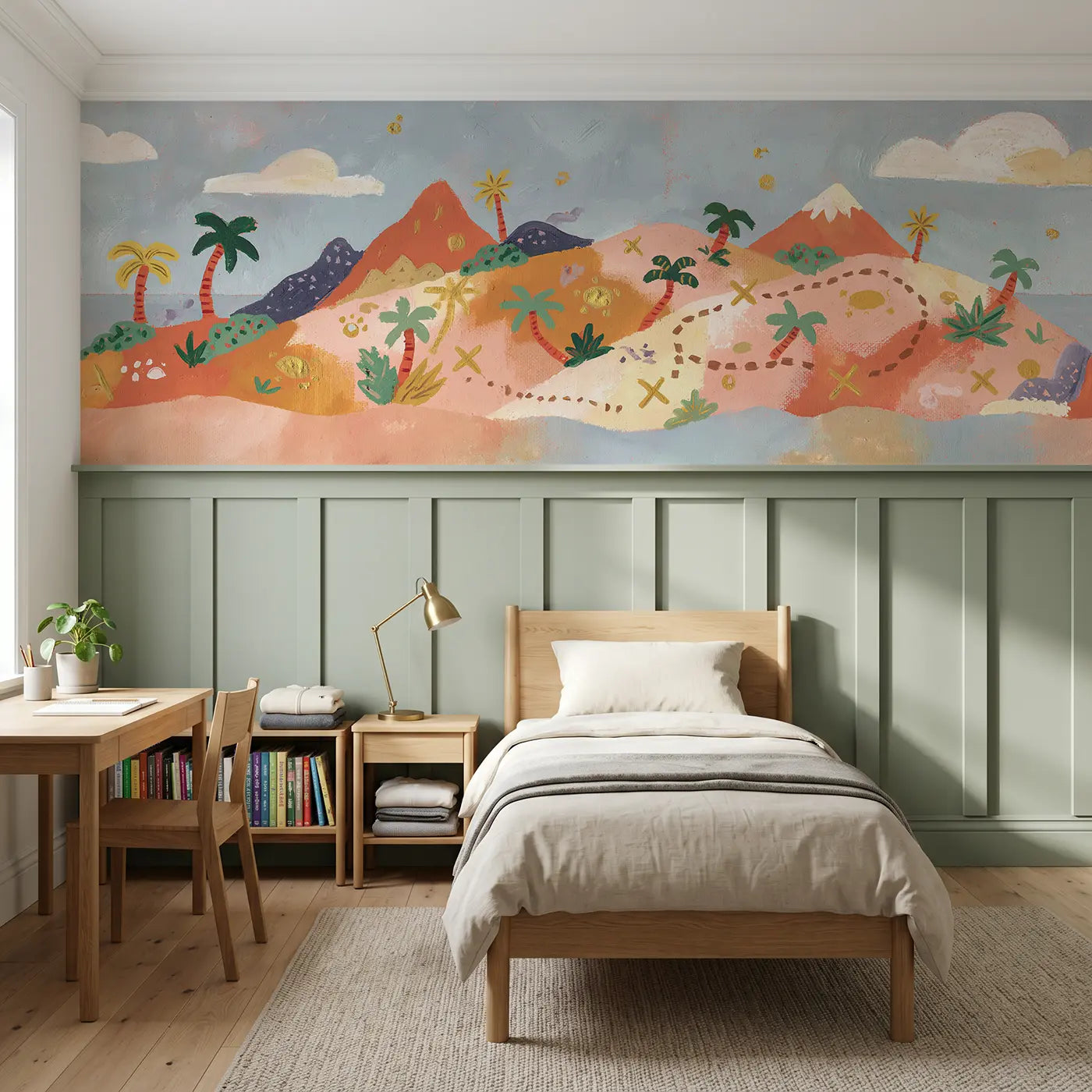 Modern Illustration treasure island map wainscoting wallpaper for bedroom by Whimsy Tots.