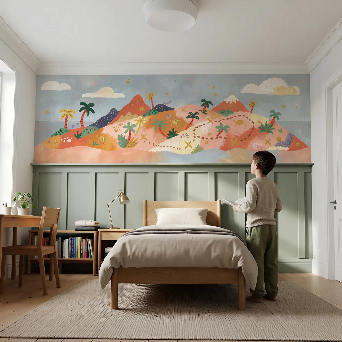 Child reading near Flat Treasure Island Map Wainscoting Wallpaper by Whimsy Tots