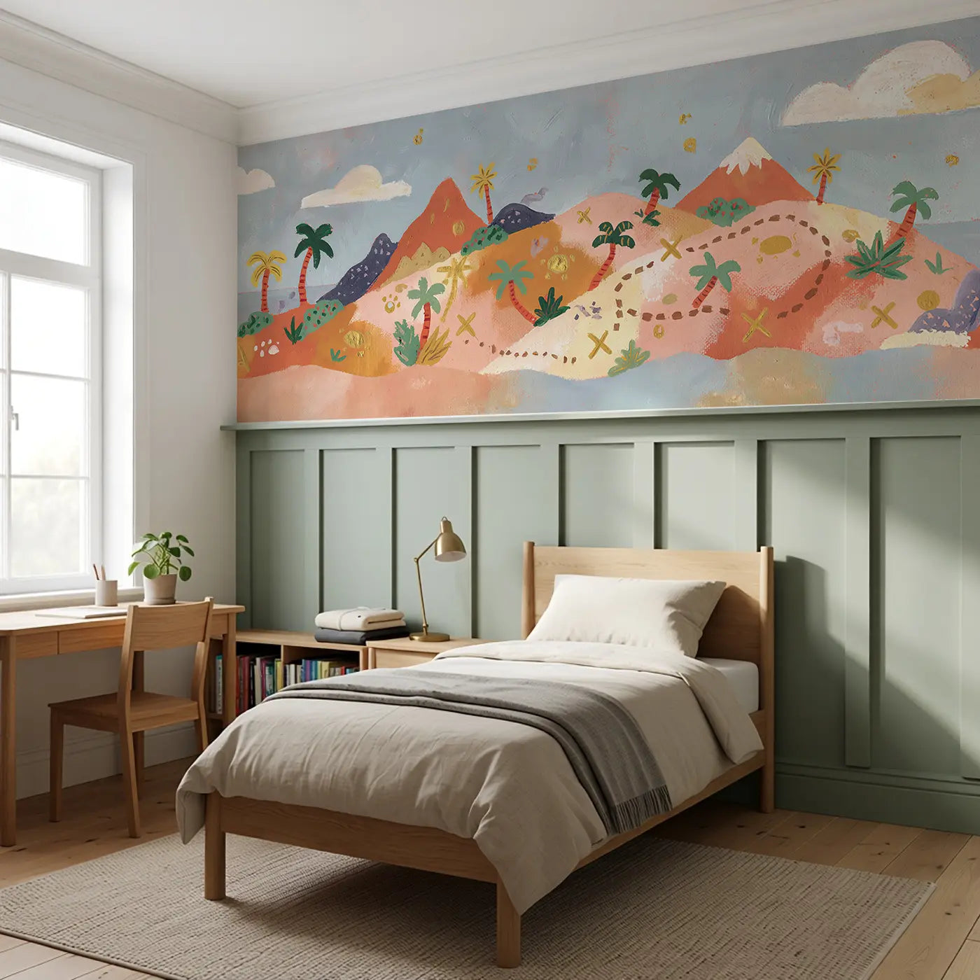 Flat Treasure Island Map Wainscoting Wallpaper styled in a kids bedroom by Whimsy Tots