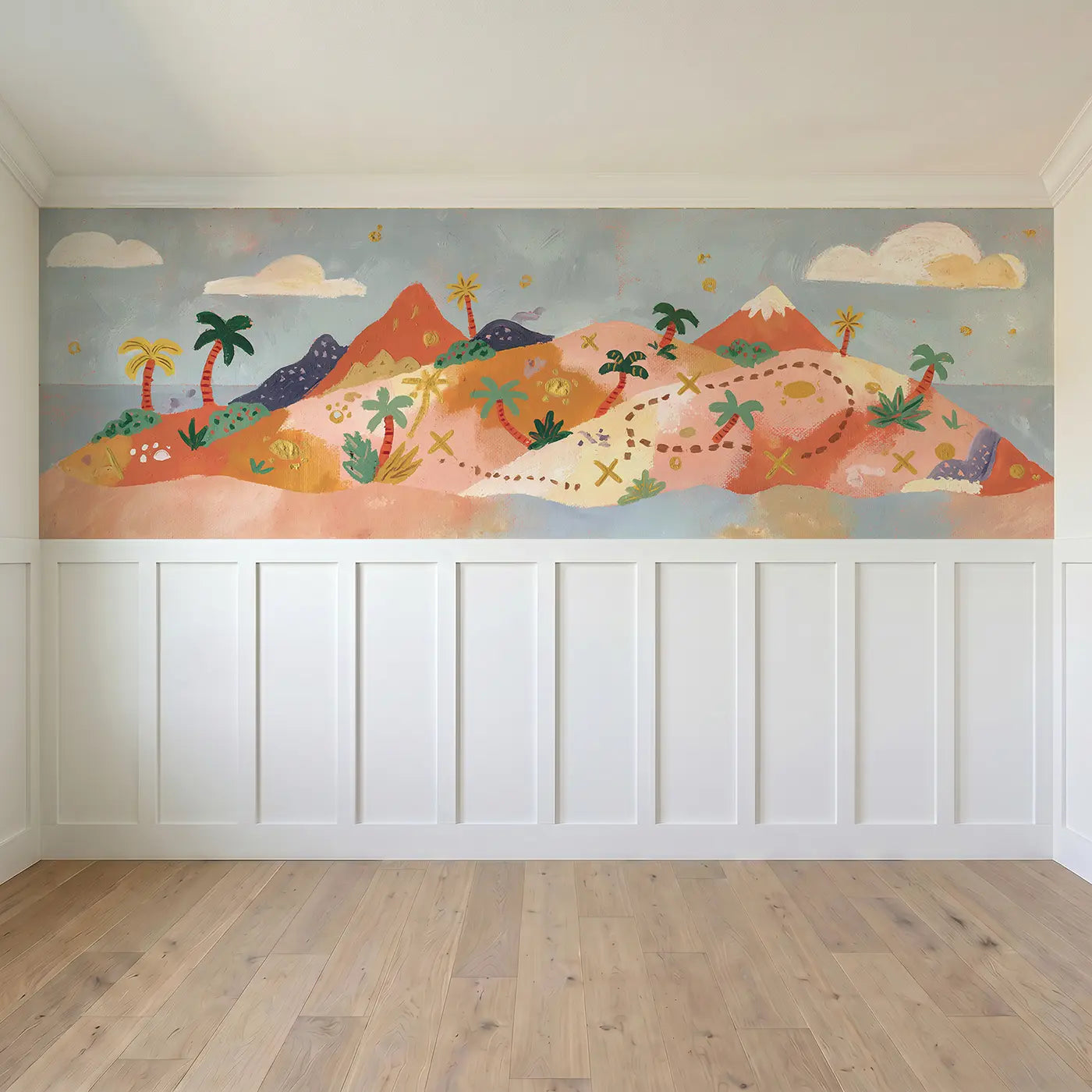 Full panel view of Flat Treasure Island Map Wainscoting Wallpaper by Whimsy Tots
