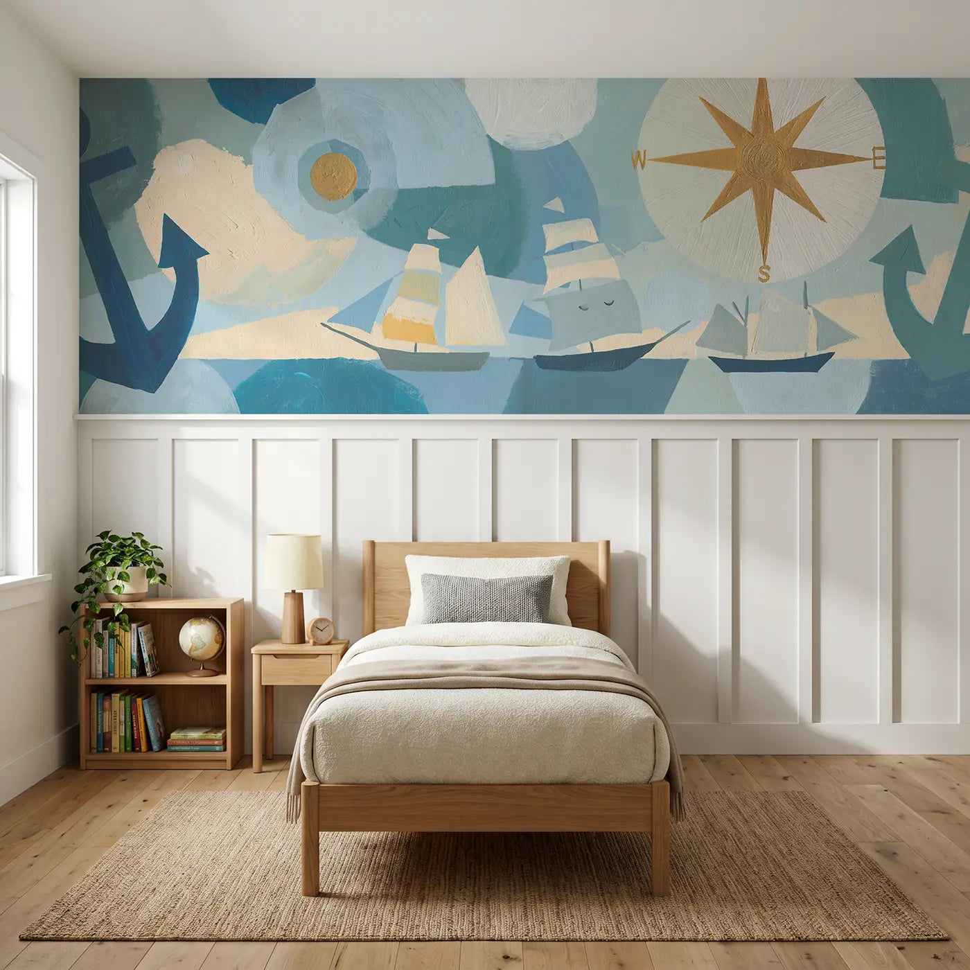 Modern Illustration pirate anchor compass fleet wainscoting wallpaper for bedroom by Whimsy Tots.
