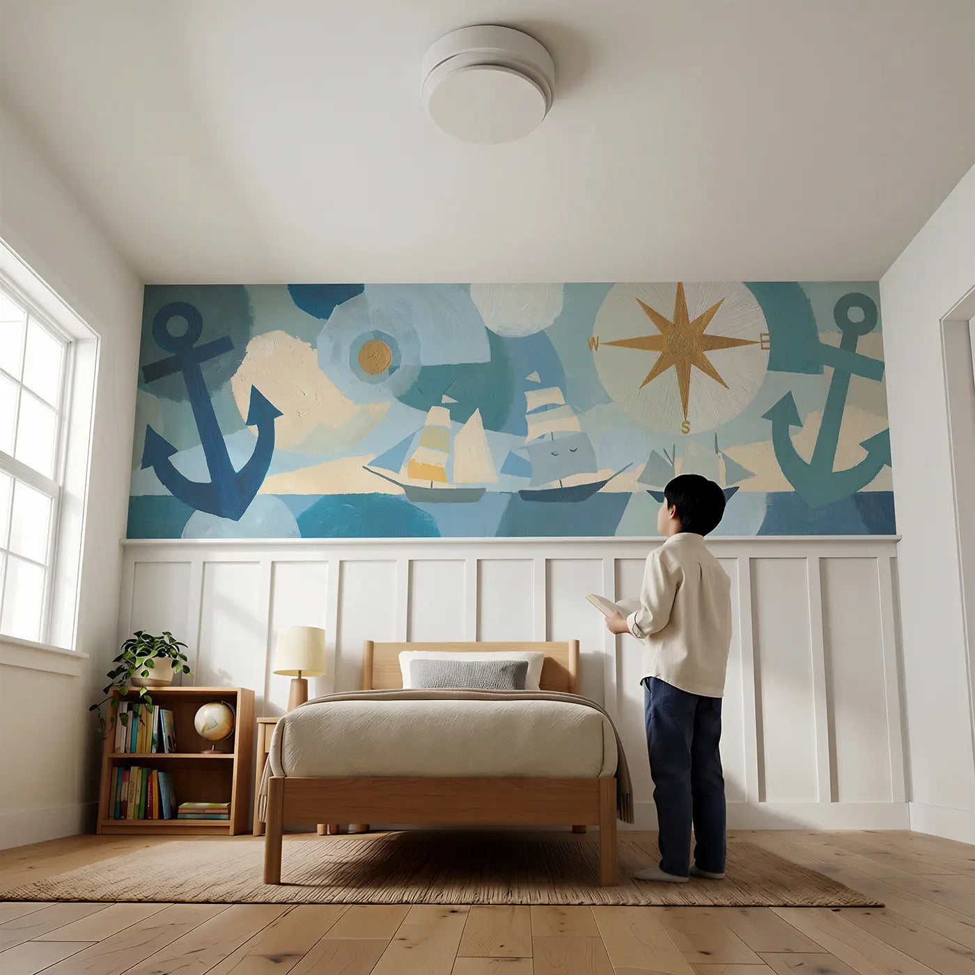 Child reading near Bold Pirate Anchor Compass Fleet Wainscoting Wallpaper by Whimsy Tots