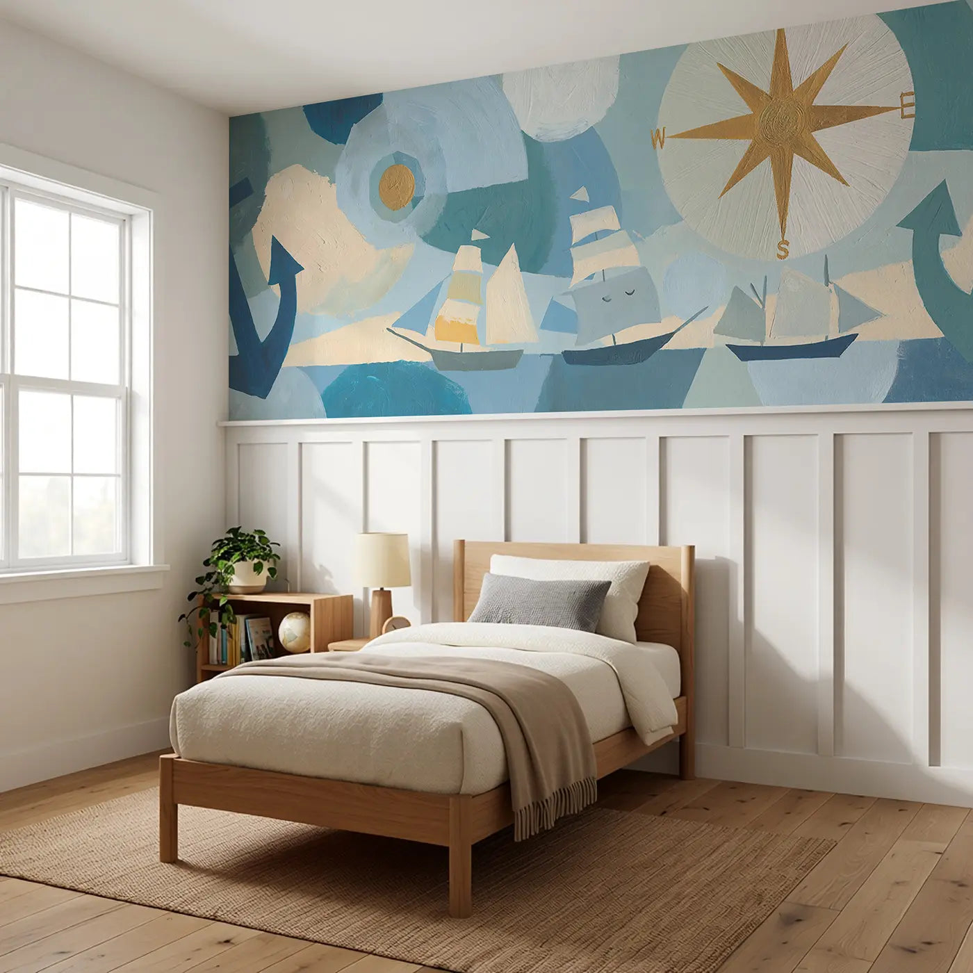 Bold Pirate Anchor Compass Fleet Wainscoting Wallpaper styled in a kids bedroom by Whimsy Tots