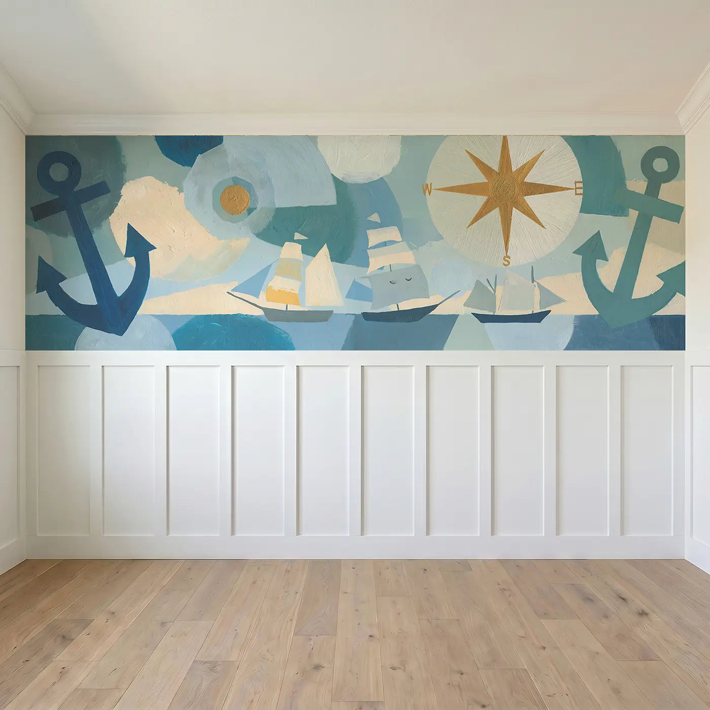 Full panel view of Bold Pirate Anchor Compass Fleet Wainscoting Wallpaper by Whimsy Tots