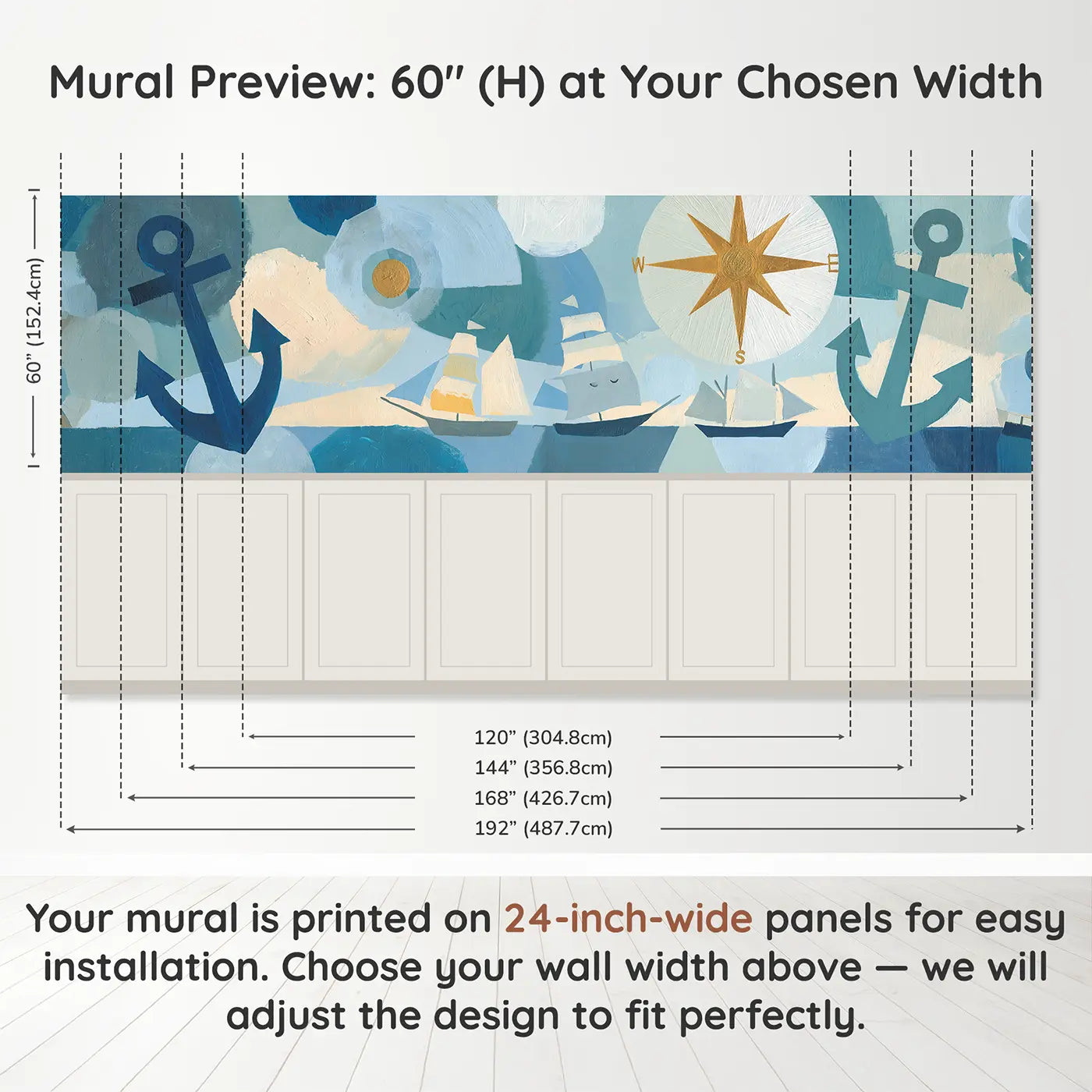 Panel dimensions for Bold Pirate Anchor Compass Fleet Wainscoting Wallpaper by Whimsy Tots