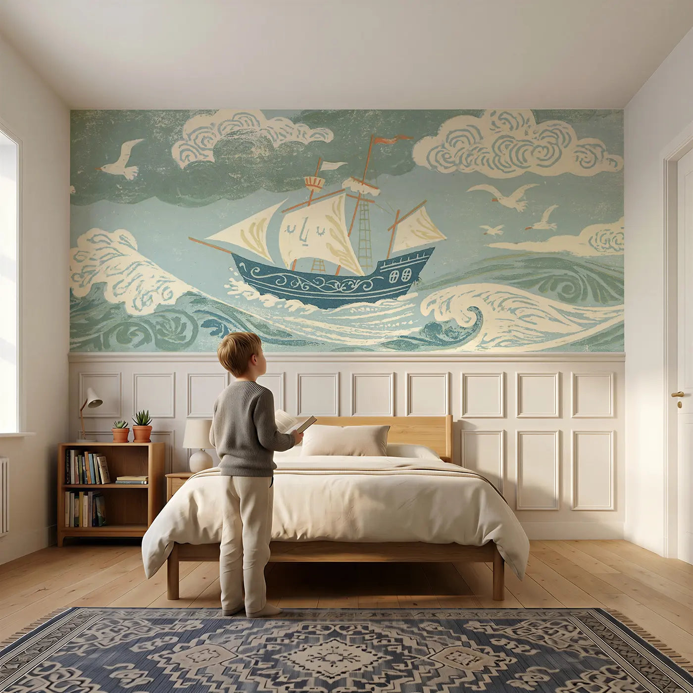 Child reading near Carved Pirate Ship Wave Wainscoting Wallpaper by Whimsy Tots