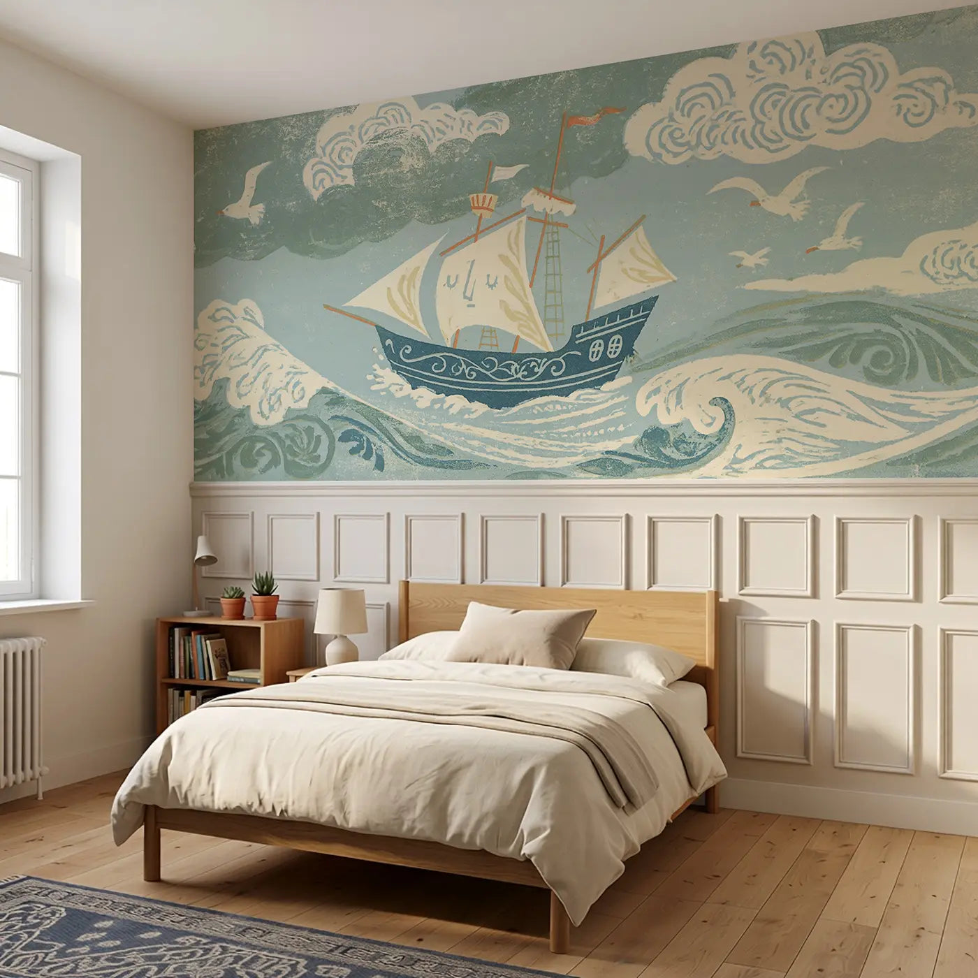 Carved Pirate Ship Wave Wainscoting Wallpaper styled in a kids bedroom by Whimsy Tots