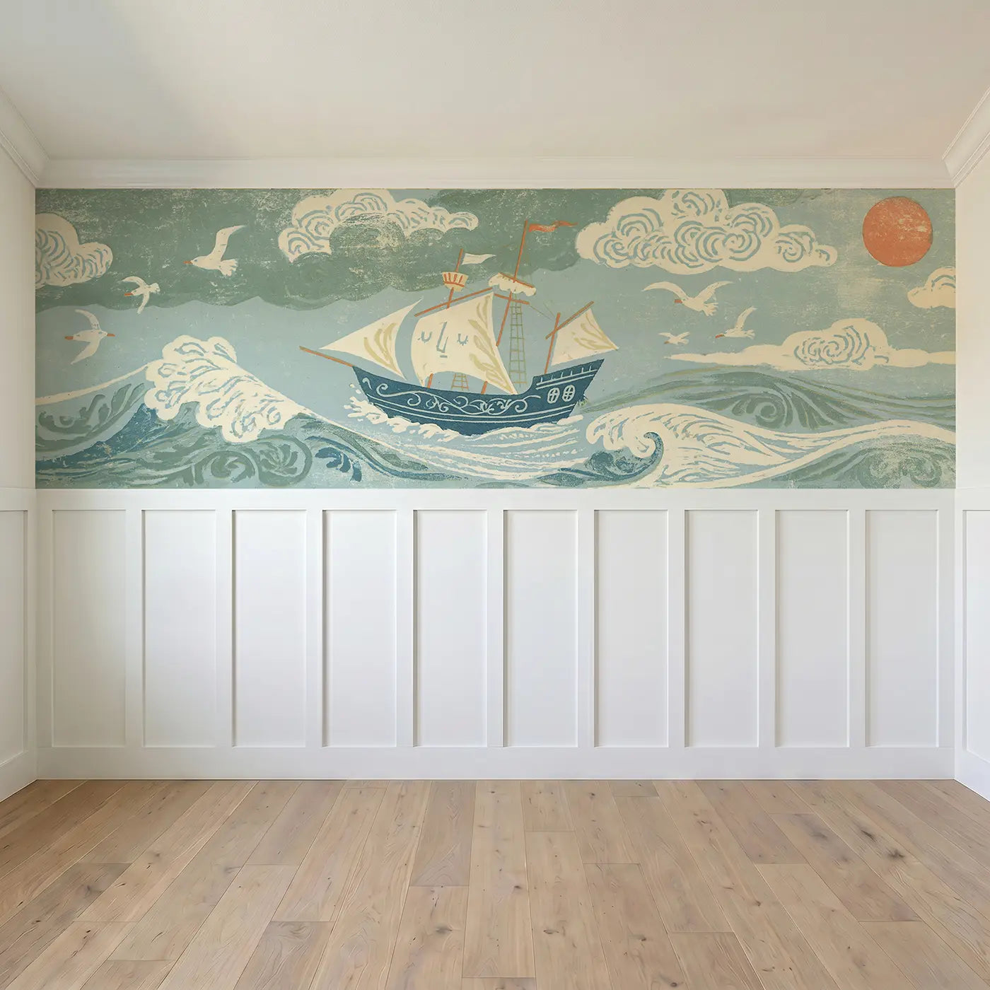 Full panel view of Carved Pirate Ship Wave Wainscoting Wallpaper by Whimsy Tots