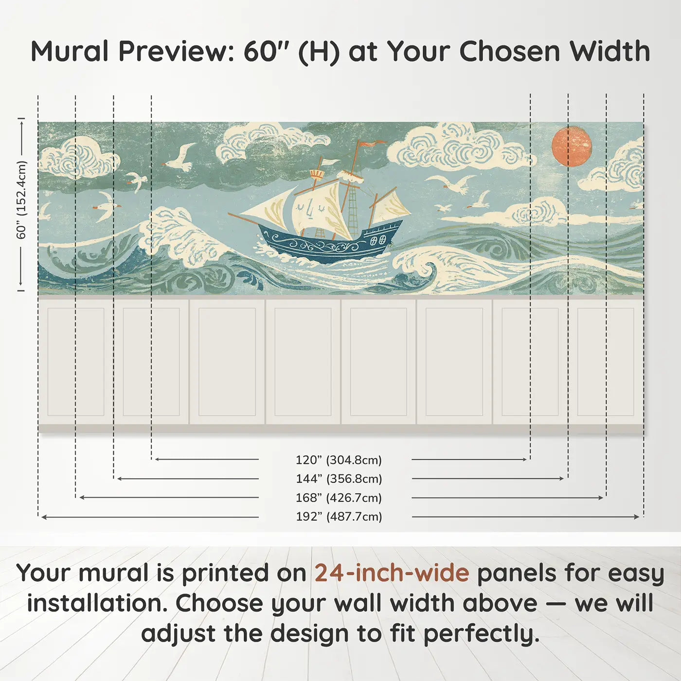 Panel dimensions for Carved Pirate Ship Wave Wainscoting Wallpaper by Whimsy Tots