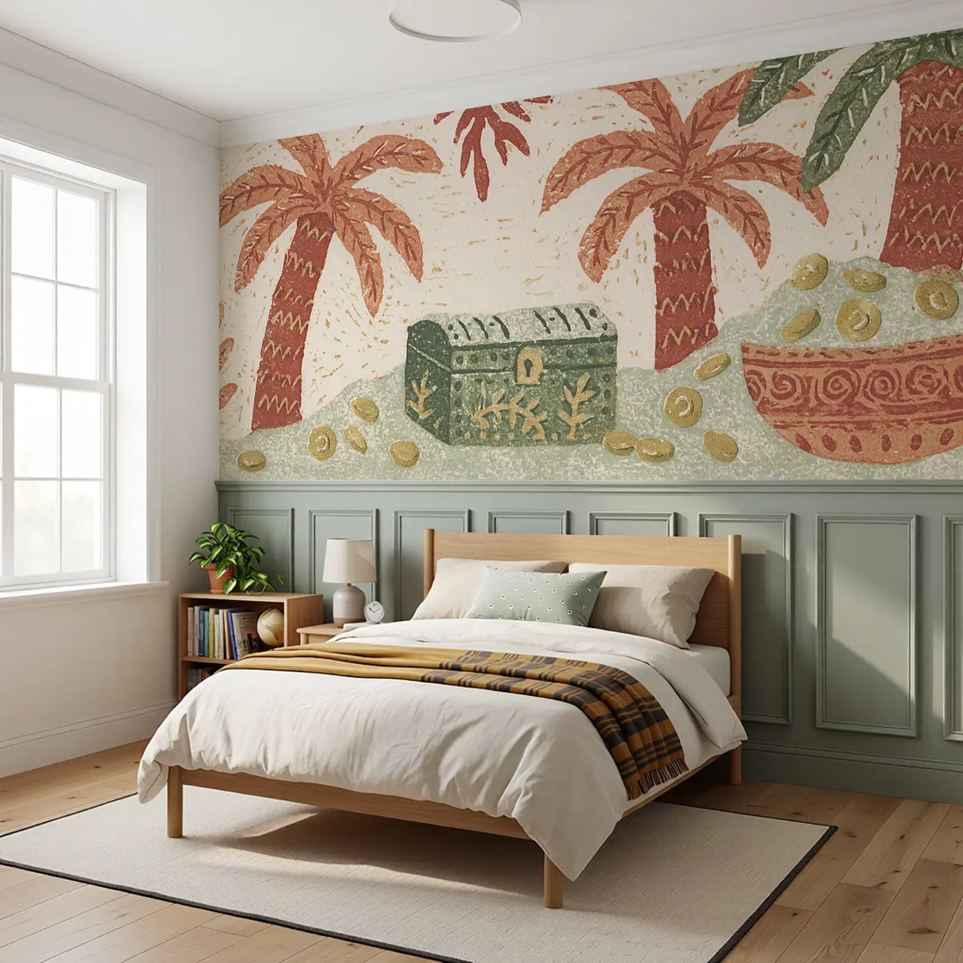 Block Print Pirate Treasure Band Wainscoting Wallpaper styled in a kids bedroom by Whimsy Tots