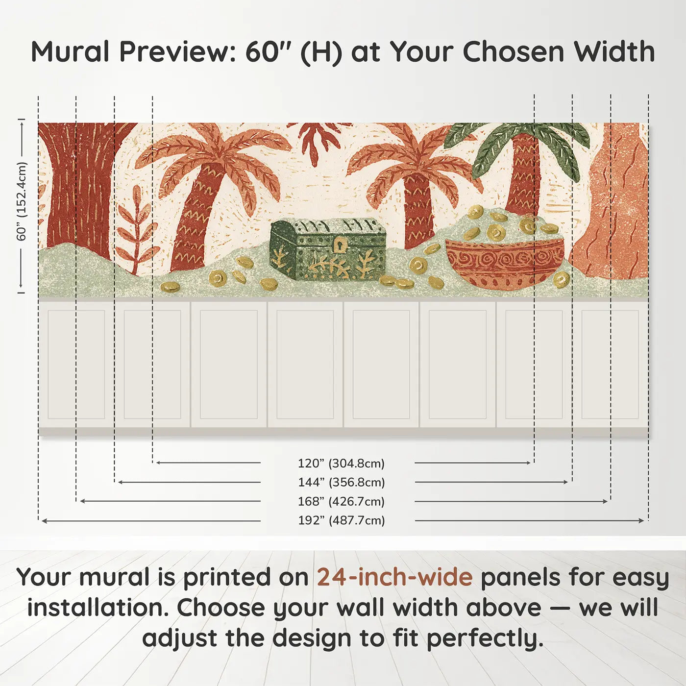 Panel dimensions for Block Print Pirate Treasure Band Wainscoting Wallpaper by Whimsy Tots