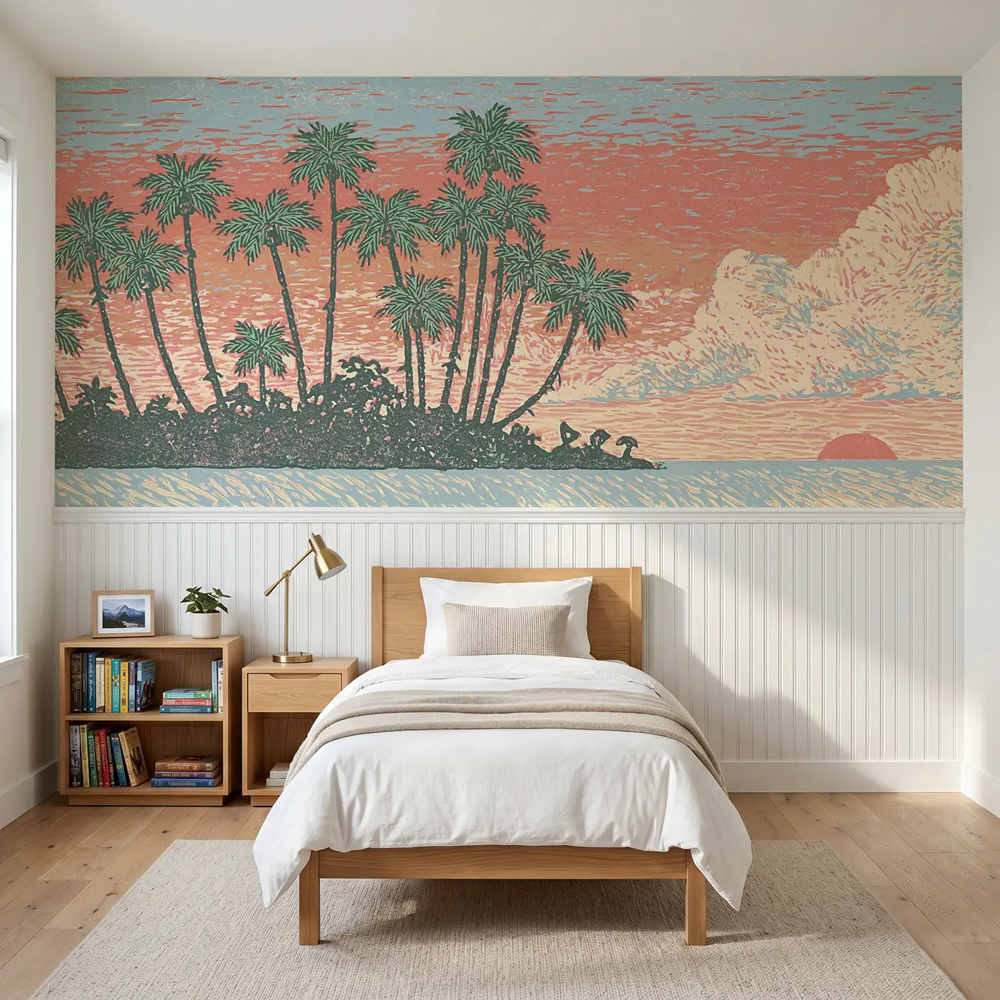 Block Print pirate island silhouette wainscoting wallpaper for bedroom by Whimsy Tots.