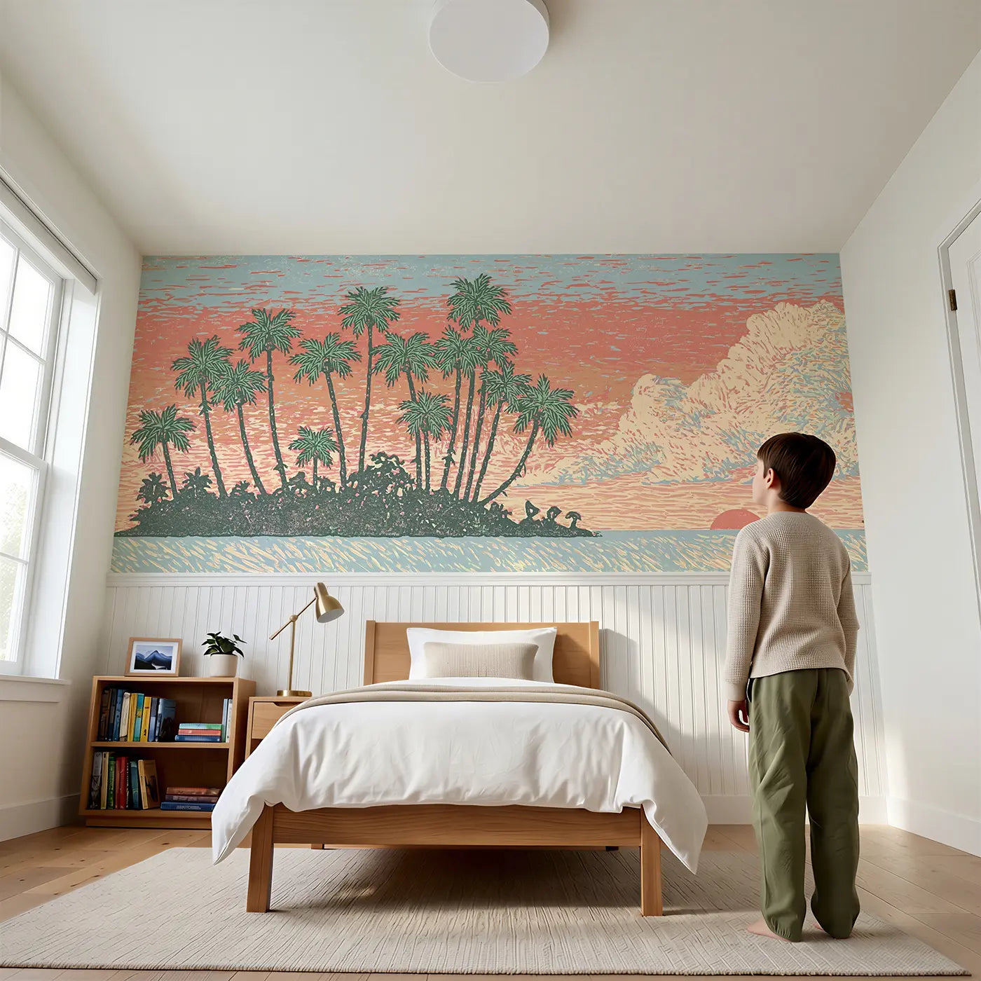Child reading near Carved Pirate Island Silhouette Wainscoting Wallpaper by Whimsy Tots