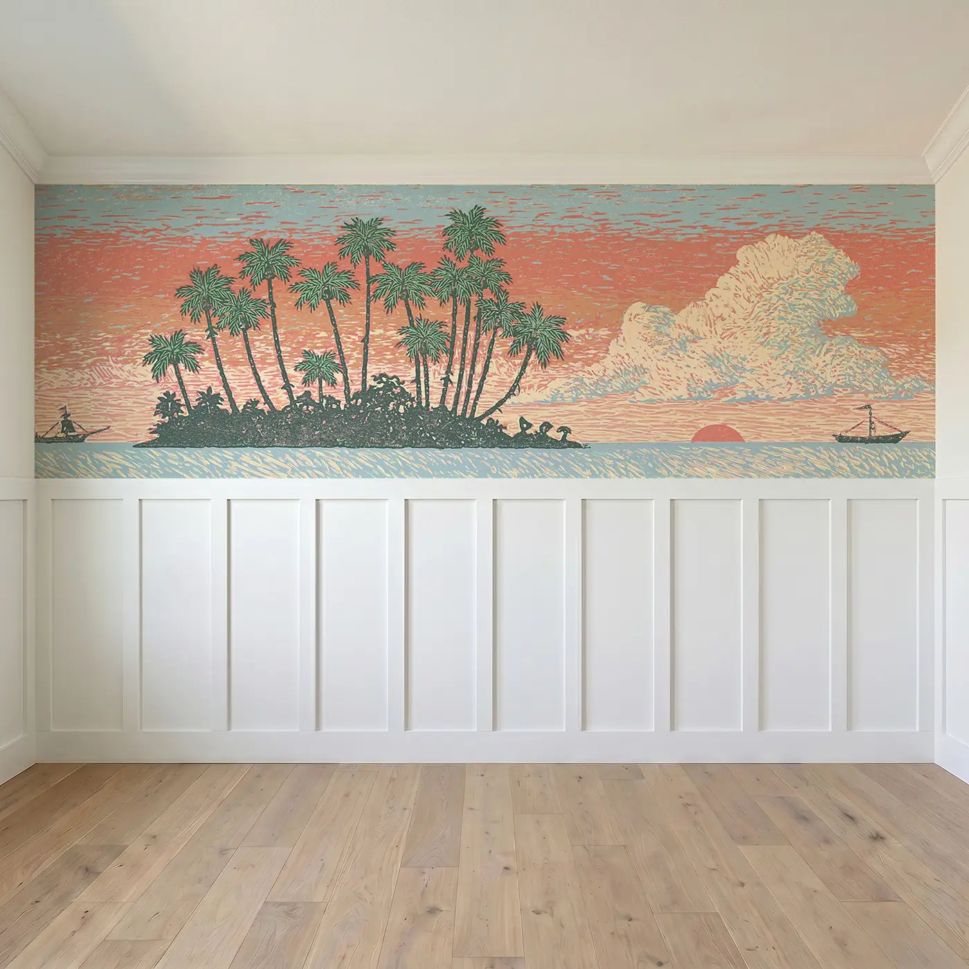 Full panel view of Carved Pirate Island Silhouette Wainscoting Wallpaper by Whimsy Tots