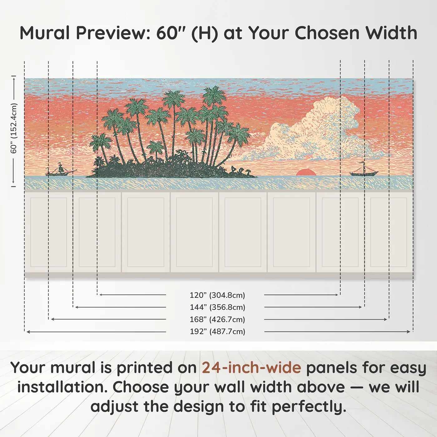 Panel dimensions for Carved Pirate Island Silhouette Wainscoting Wallpaper by Whimsy Tots