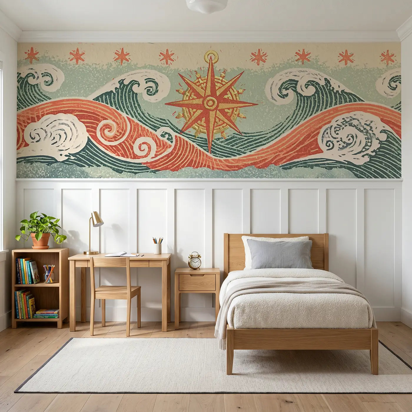 Block Print pirate compass star wainscoting wallpaper for bedroom by Whimsy Tots.