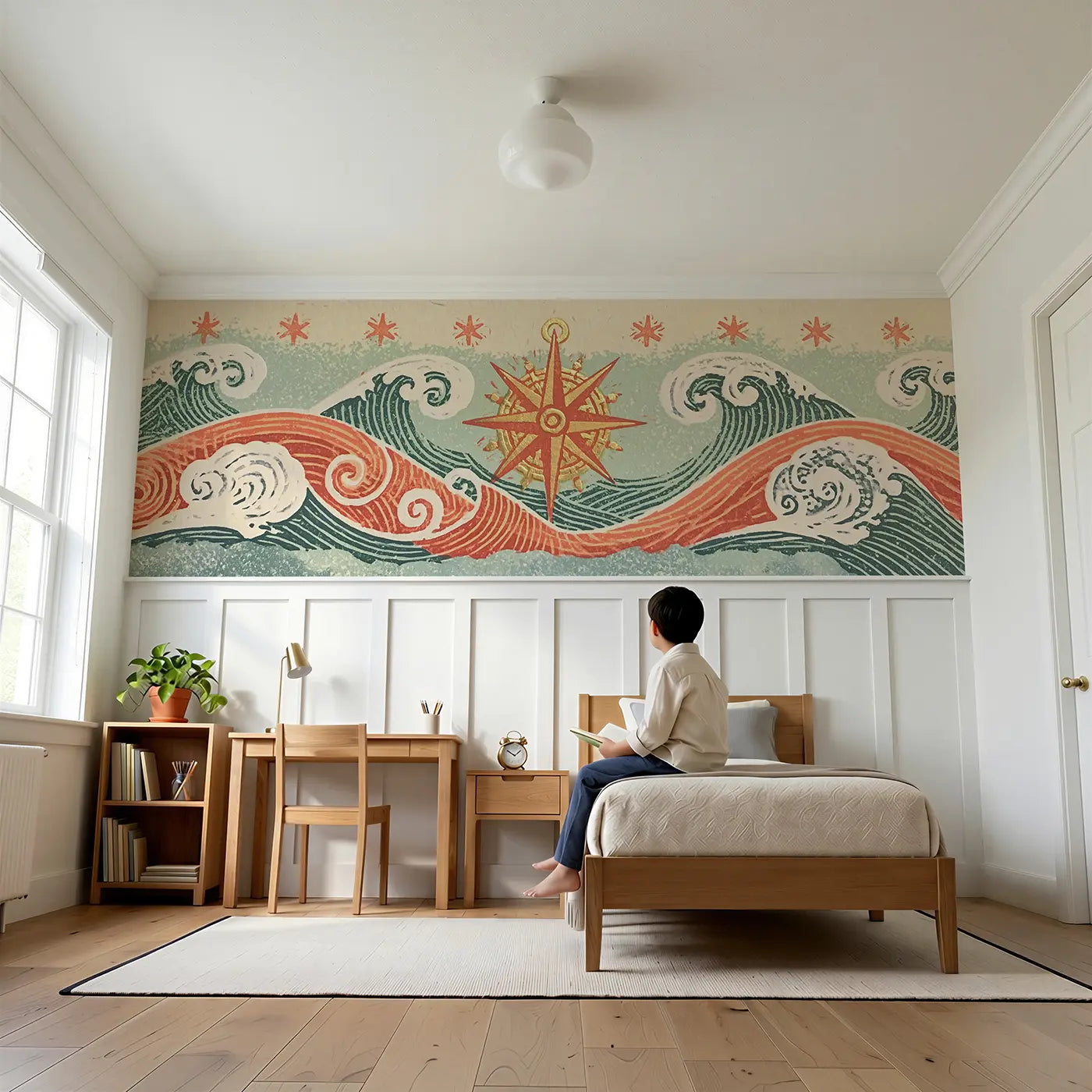 Child reading near Linocut Pirate Compass Star Wainscoting Wallpaper by Whimsy Tots