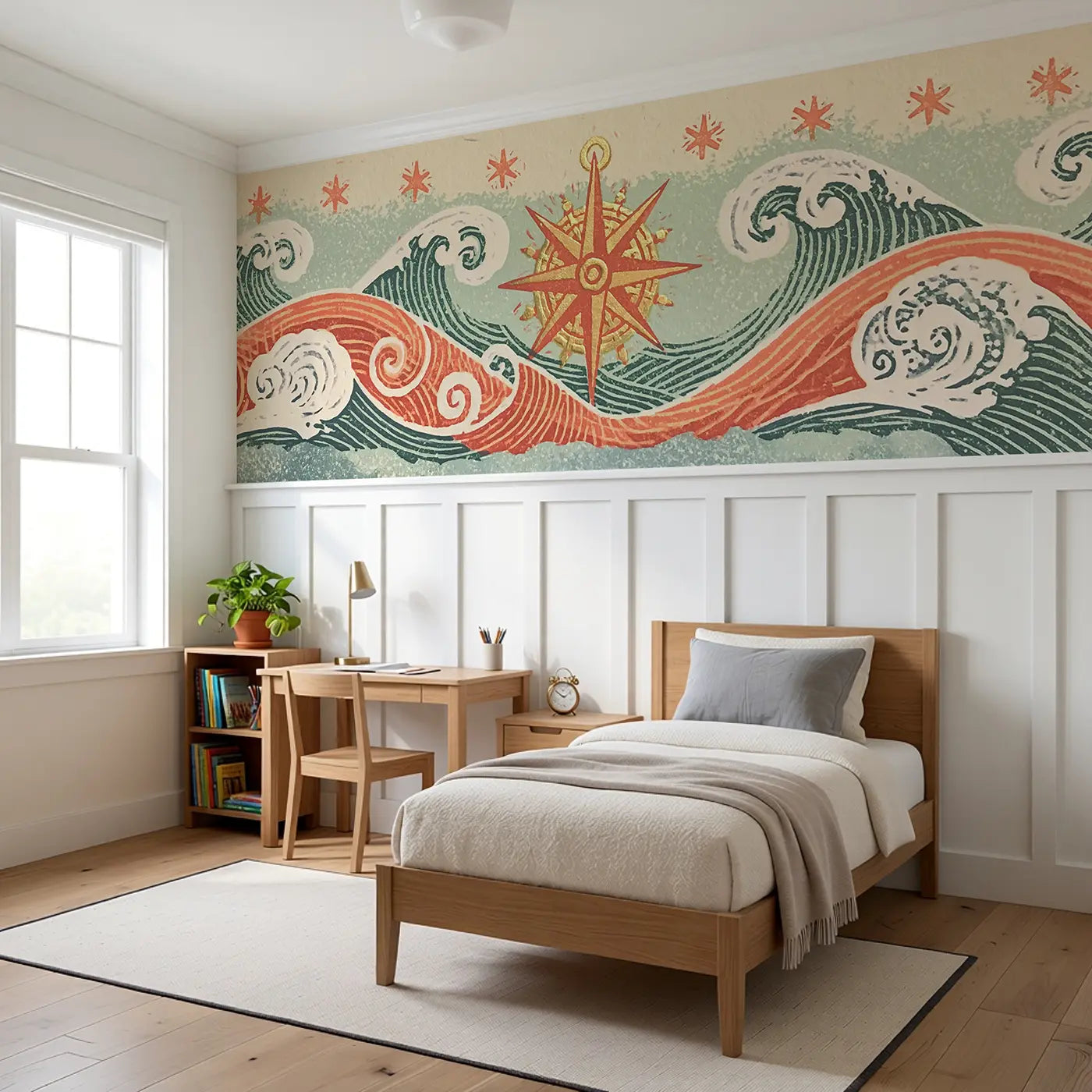 Linocut Pirate Compass Star Wainscoting Wallpaper styled in a kids bedroom by Whimsy Tots