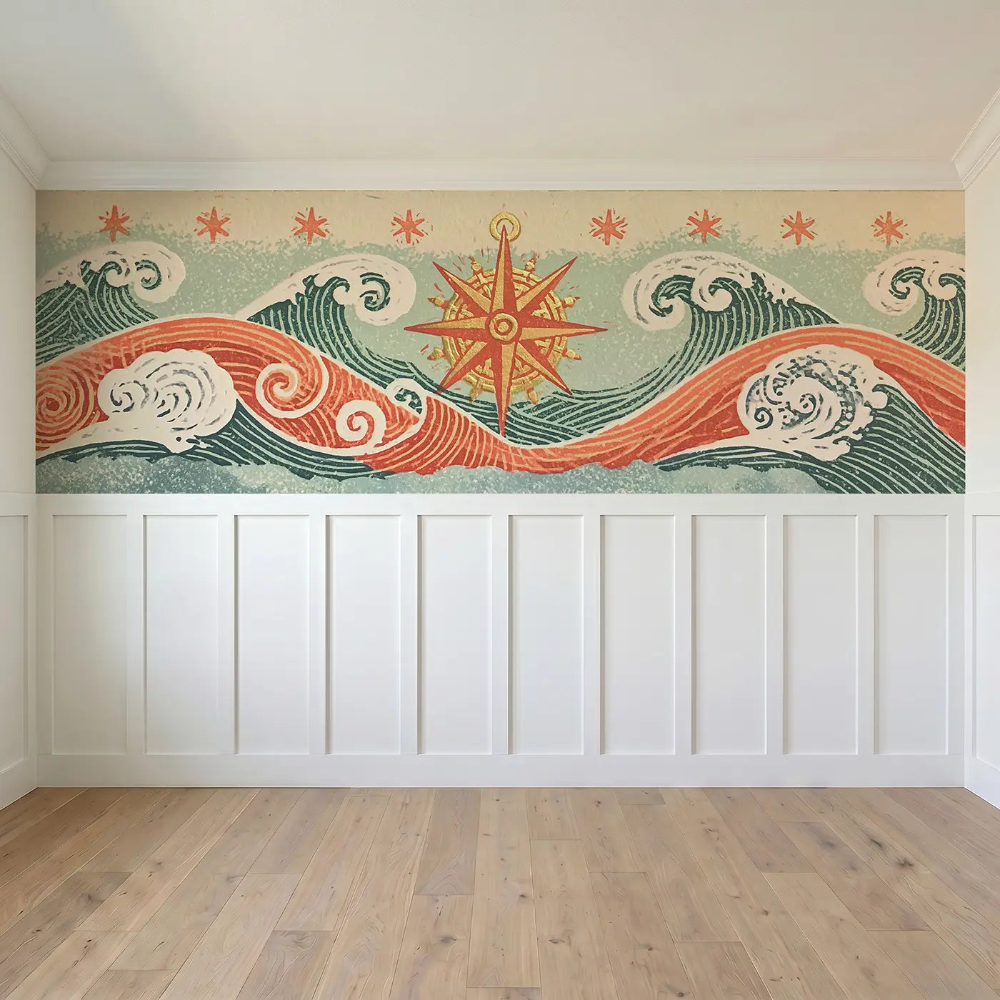 Full panel view of Linocut Pirate Compass Star Wainscoting Wallpaper by Whimsy Tots
