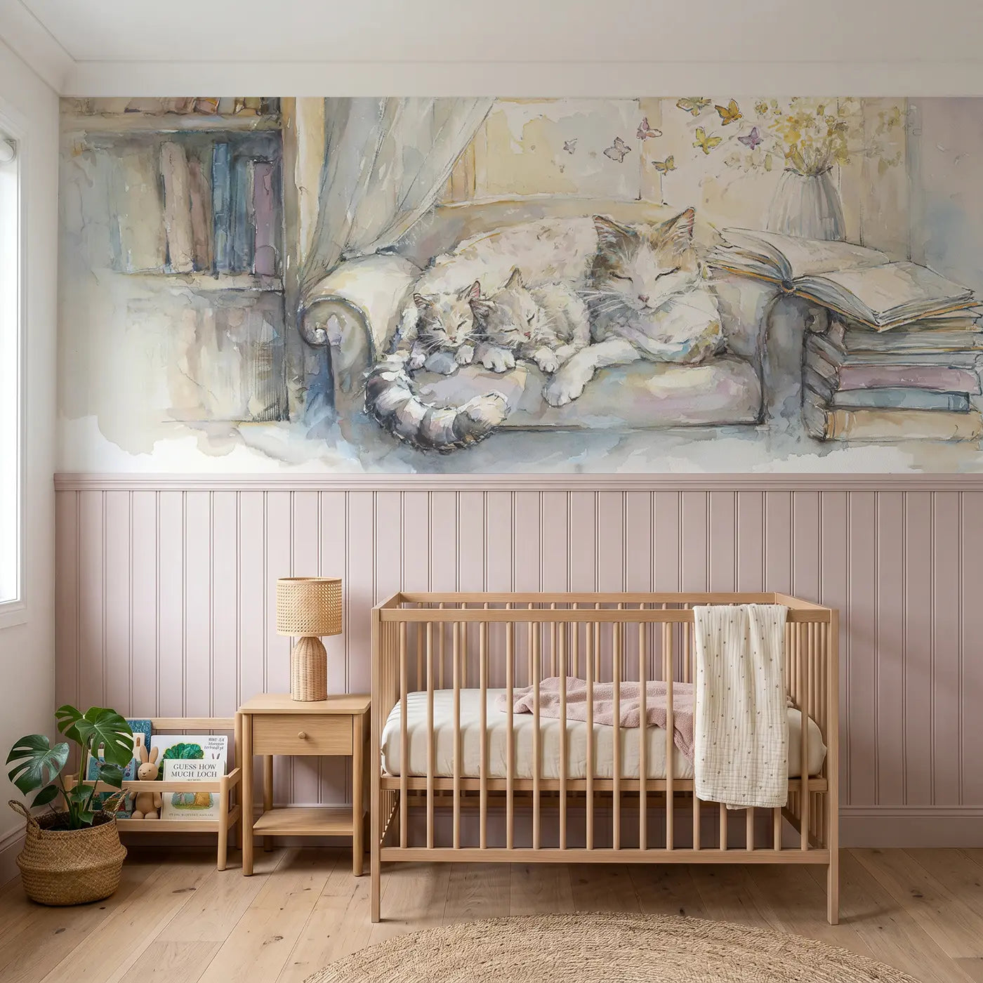 Watercolor cat family reading nook wainscoting wallpaper for nursery by Whimsy Tots.