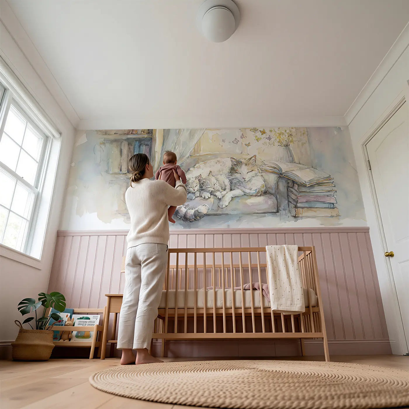 Child reading near Cat Family Reading Nook Afternoon Wainscoting Wallpaper by Whimsy Tots