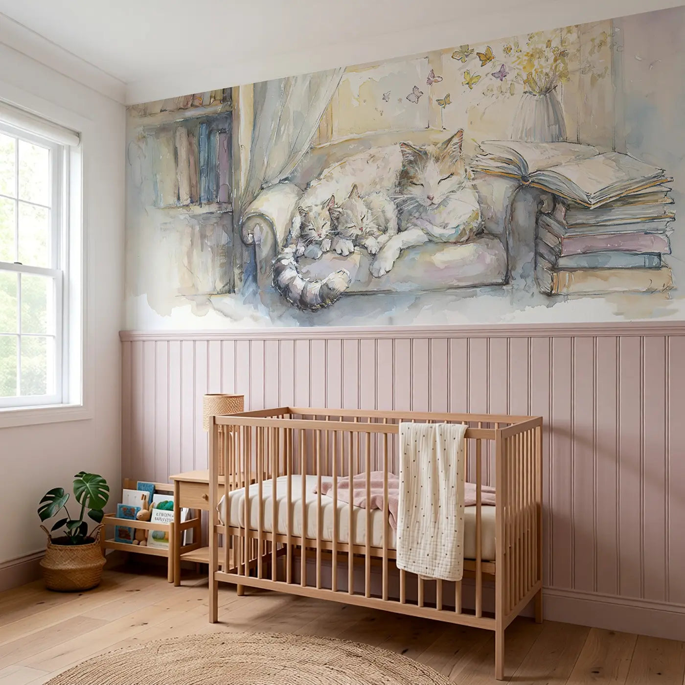 Cat Family Reading Nook Afternoon Wainscoting Wallpaper styled in a kids bedroom by Whimsy Tots
