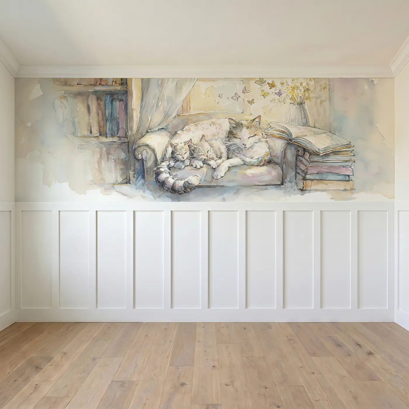 Full panel view of Cat Family Reading Nook Afternoon Wainscoting Wallpaper by Whimsy Tots