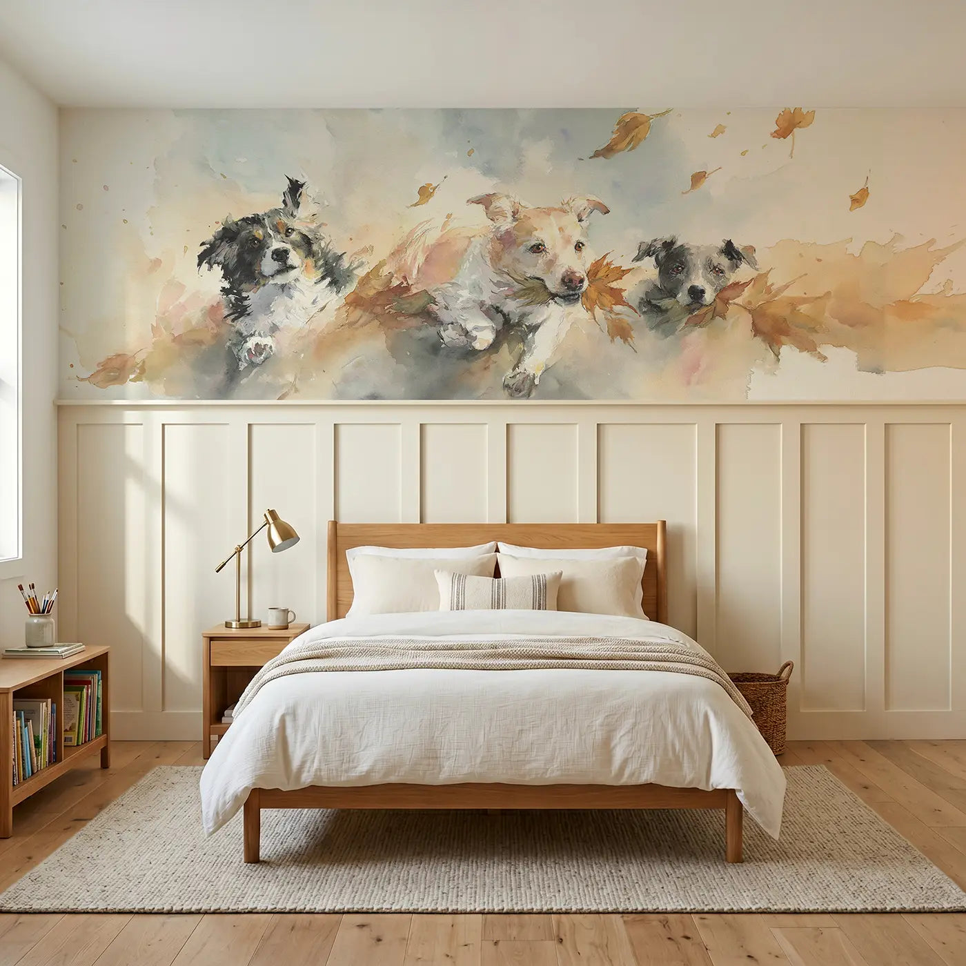 Watercolor dog park friends autumn run wainscoting wallpaper for bedroom by Whimsy Tots.