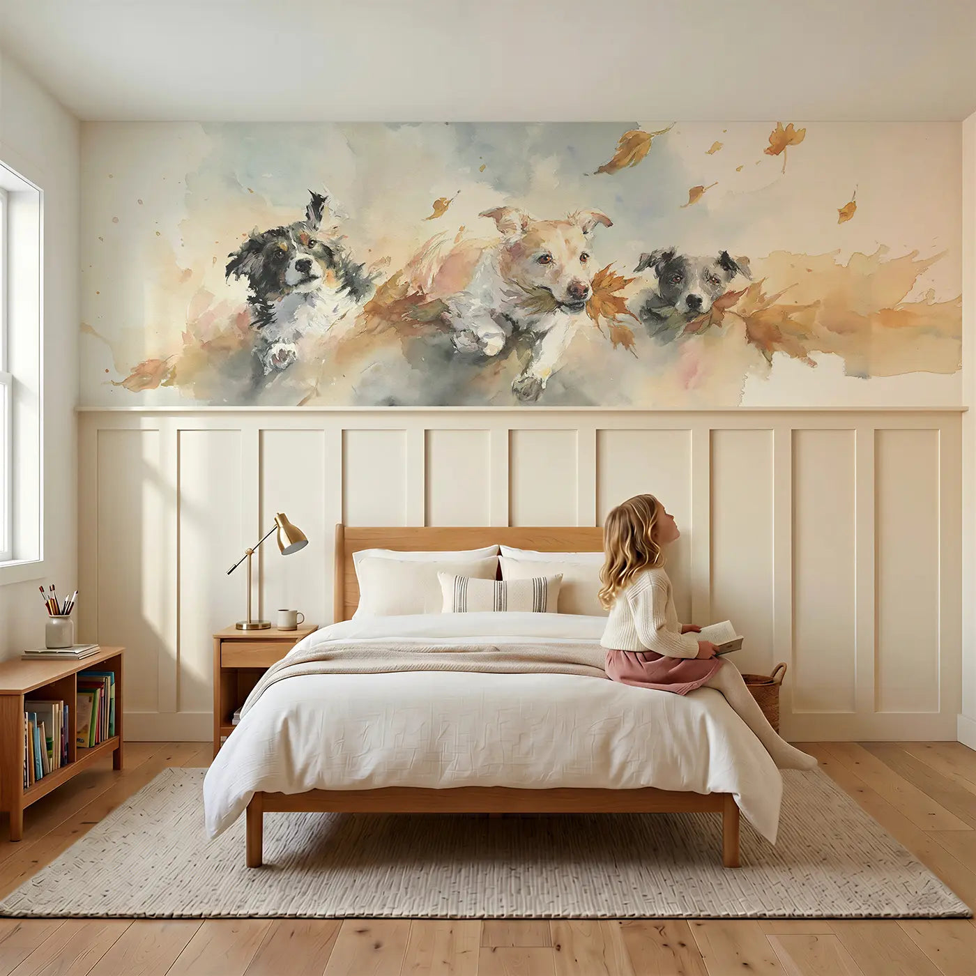 Child reading near Dog Park Friends Autumn Run Wainscoting Wallpaper by Whimsy Tots