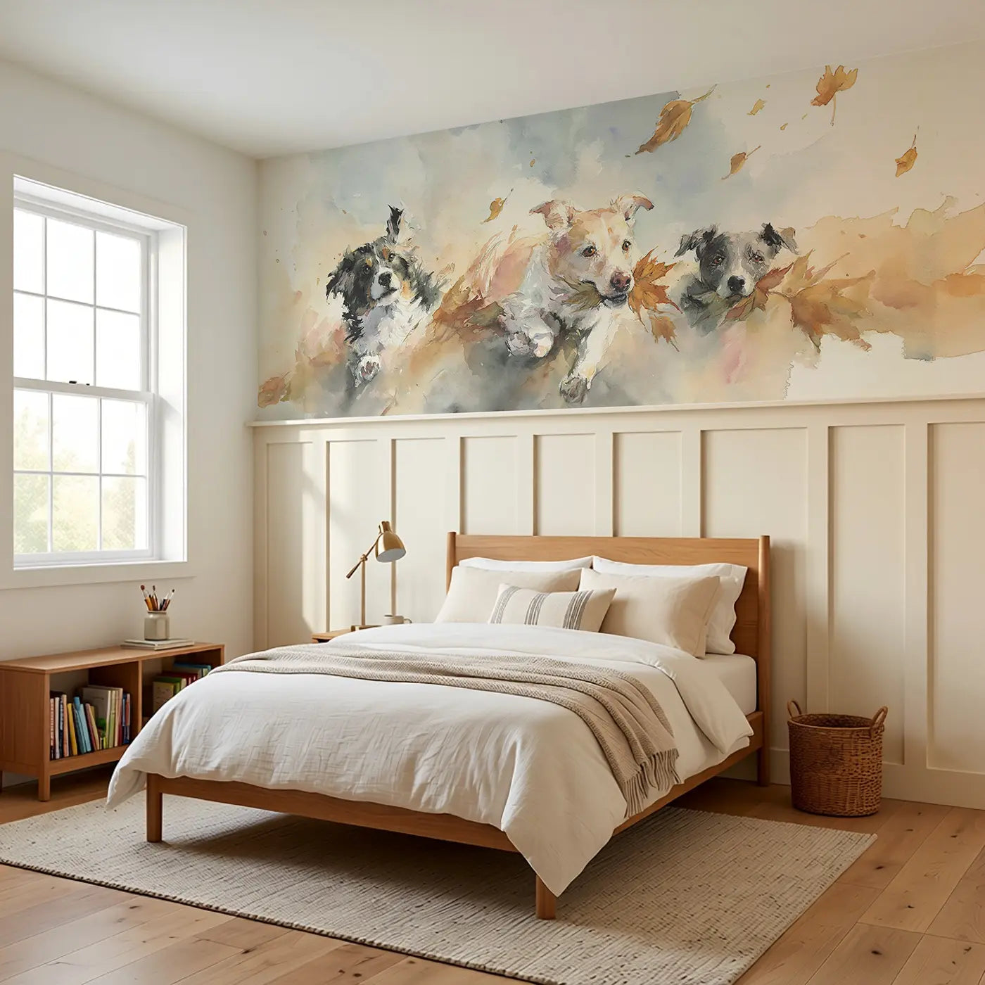 Dog Park Friends Autumn Run Wainscoting Wallpaper styled in a kids bedroom by Whimsy Tots