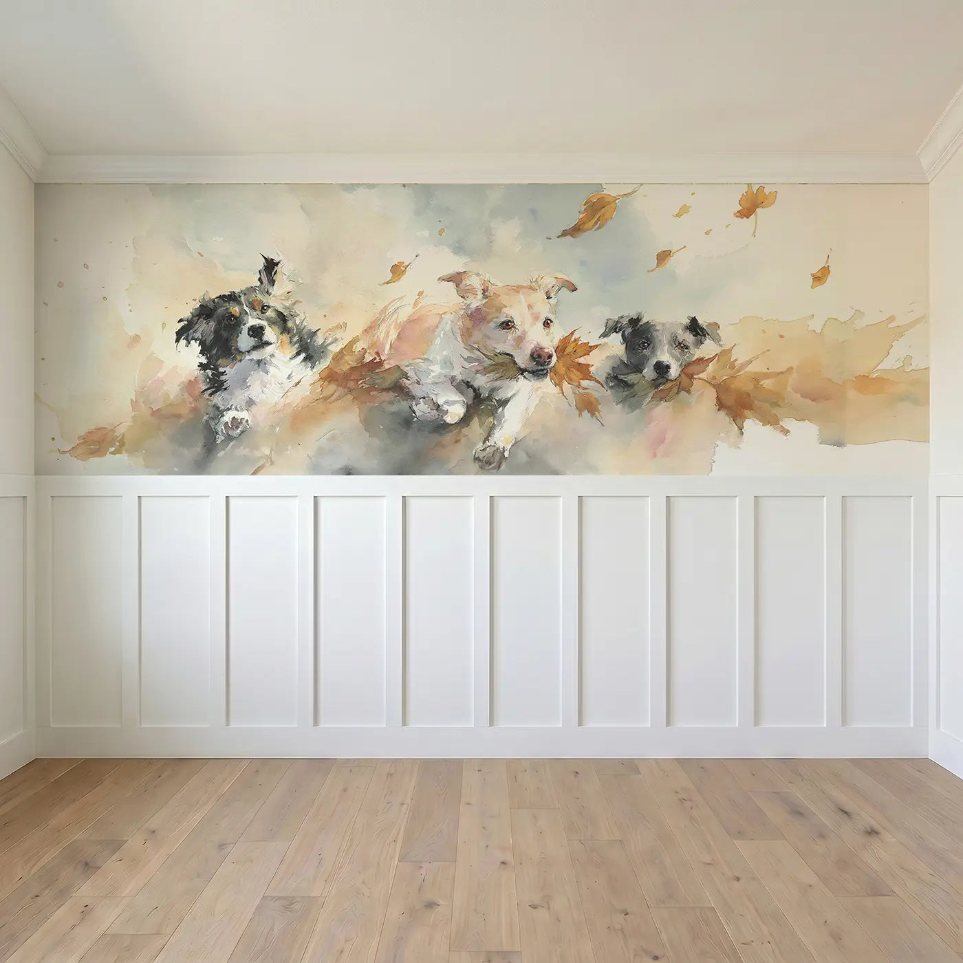 Full panel view of Dog Park Friends Autumn Run Wainscoting Wallpaper by Whimsy Tots