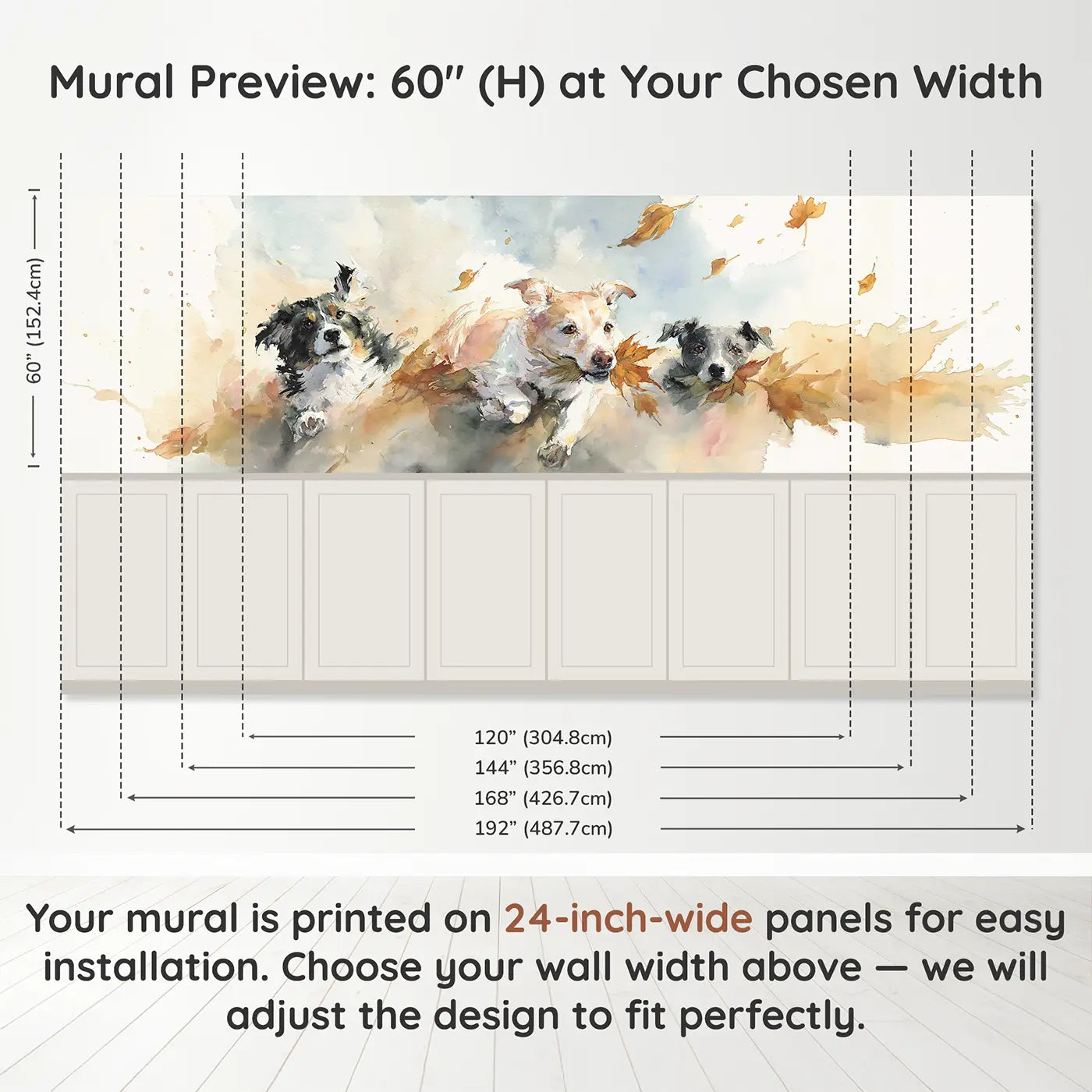Panel dimensions for Dog Park Friends Autumn Run Wainscoting Wallpaper by Whimsy Tots