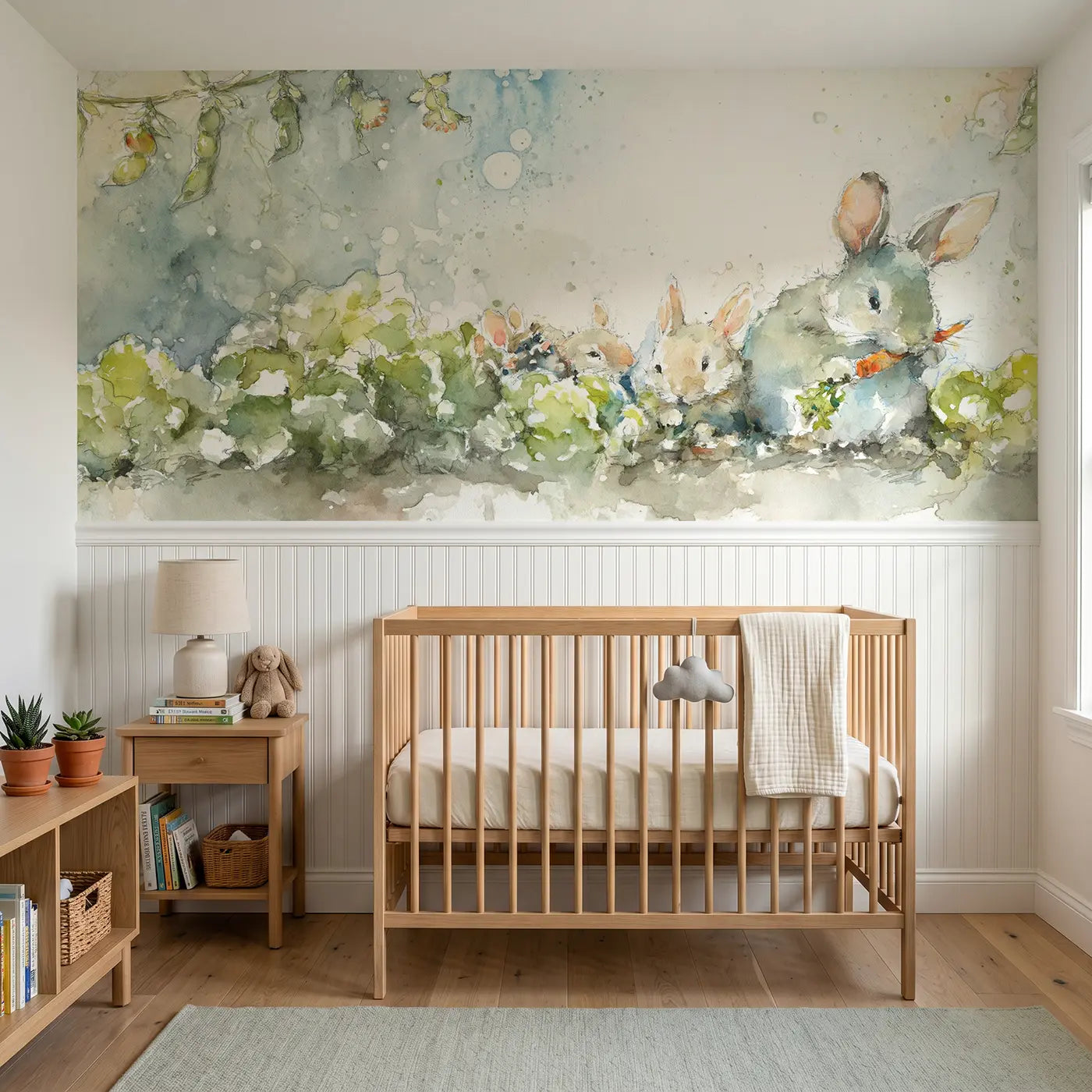 Watercolor bunny vegetable garden harvest wainscoting wallpaper for nursery by Whimsy Tots.