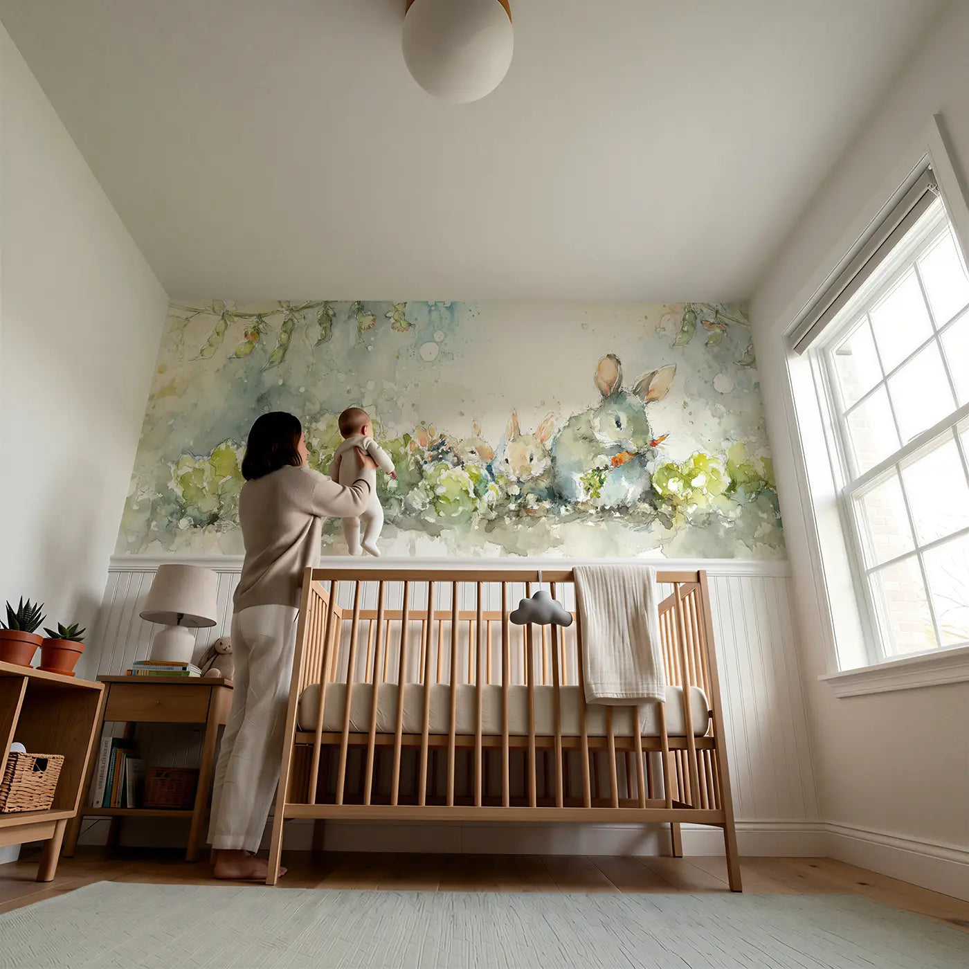 Child reading near Bunny Vegetable Garden Harvest Wainscoting Wallpaper by Whimsy Tots