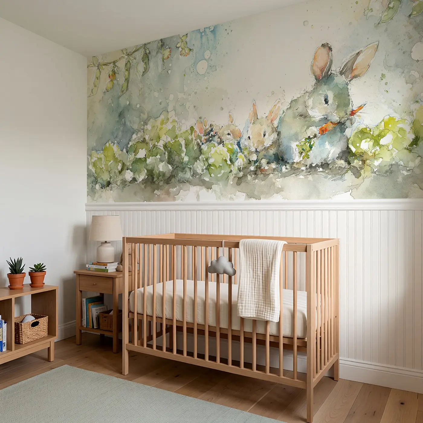 Bunny Vegetable Garden Harvest Wainscoting Wallpaper styled in a kids bedroom by Whimsy Tots