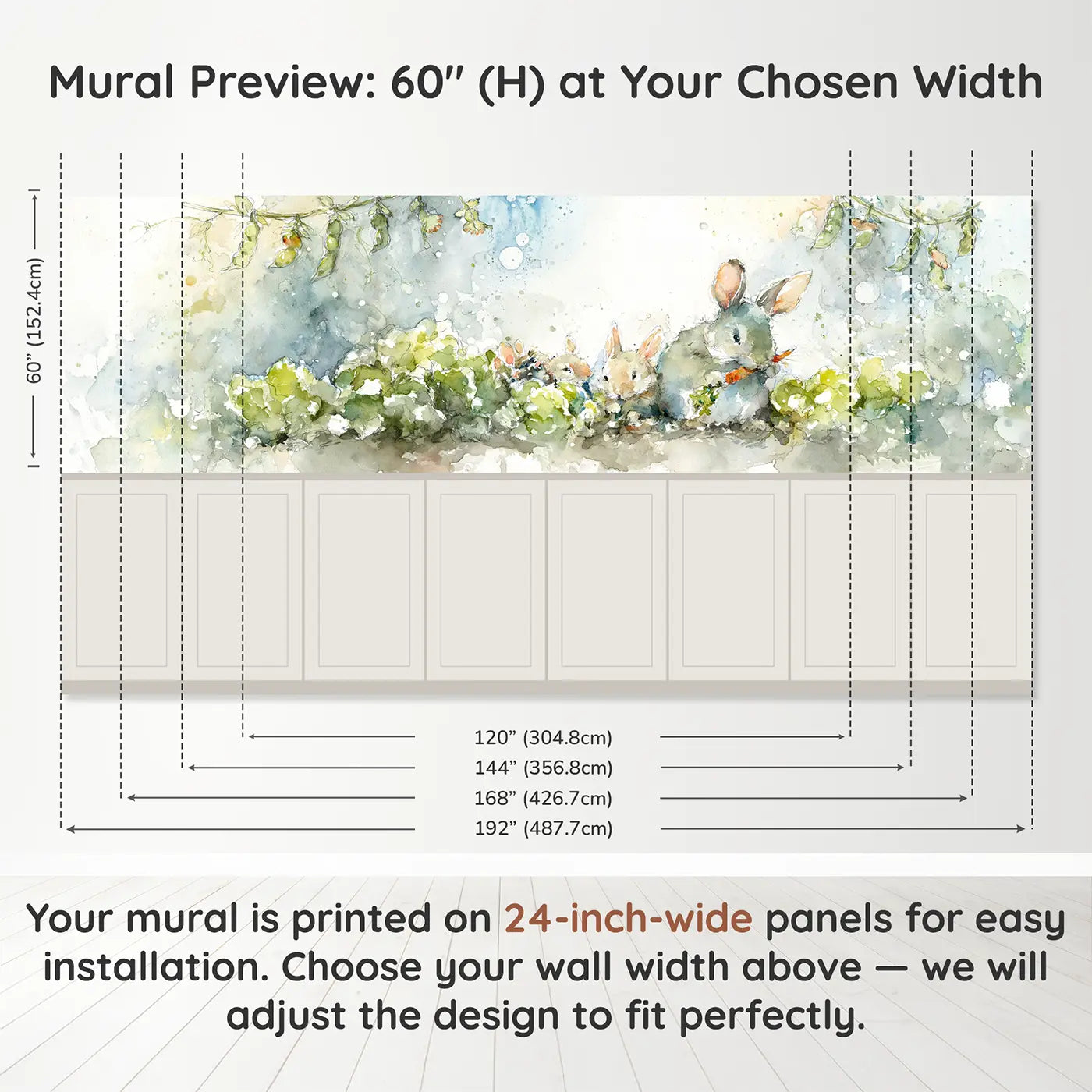 Panel dimensions for Bunny Vegetable Garden Harvest Wainscoting Wallpaper by Whimsy Tots