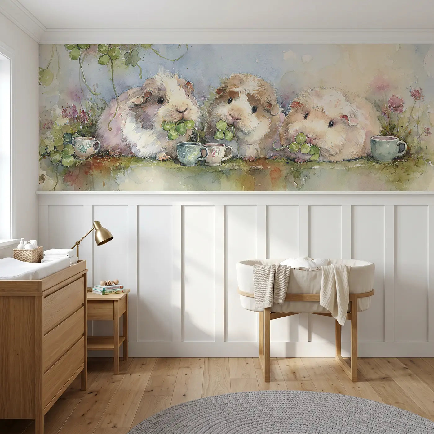 Watercolor guinea pig tea garden clover wainscoting wallpaper for nursery by Whimsy Tots.