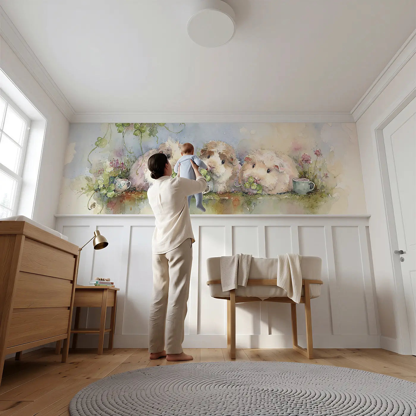 Child reading near Guinea Pig Tea Garden Clover Wainscoting Wallpaper by Whimsy Tots
