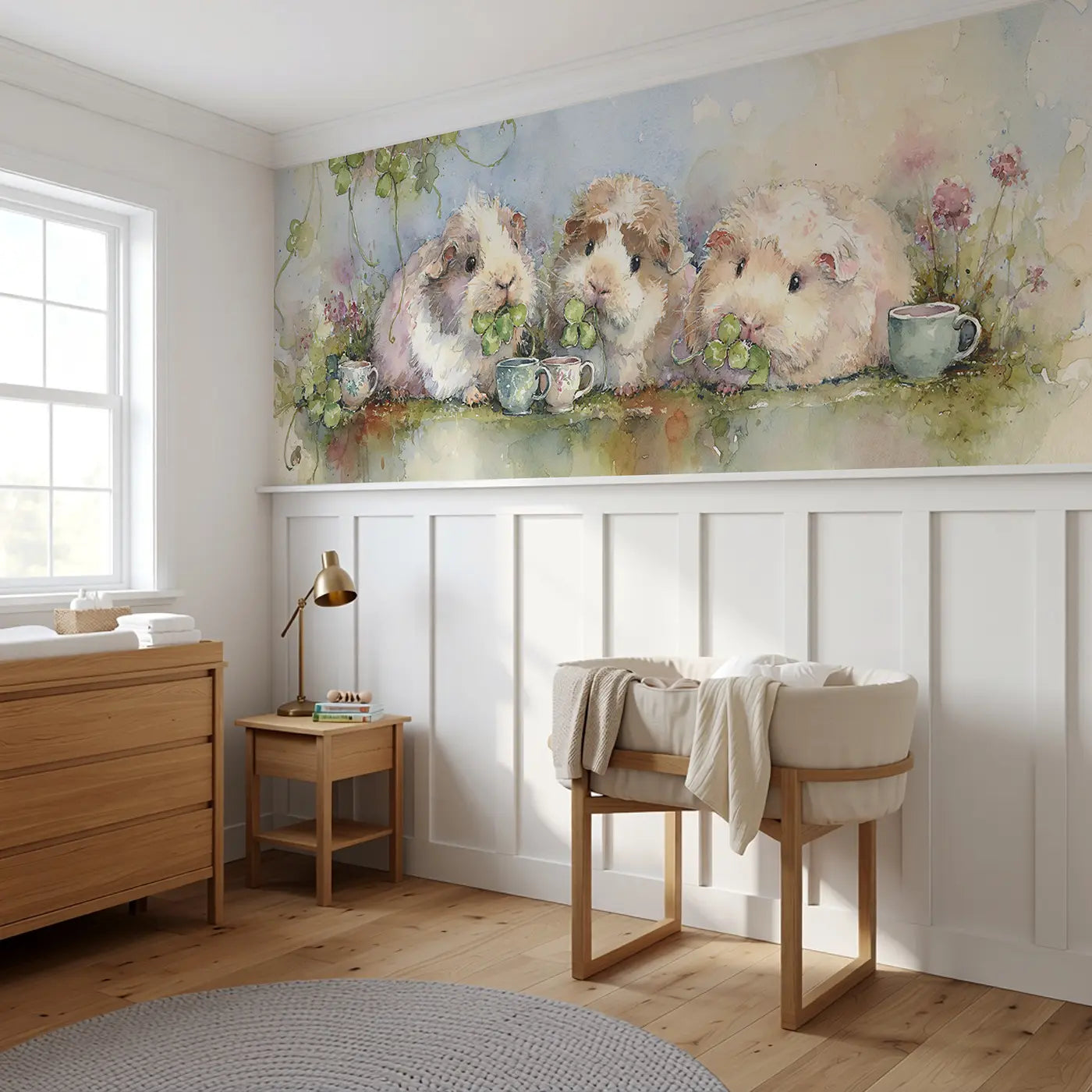 Guinea Pig Tea Garden Clover Wainscoting Wallpaper styled in a kids bedroom by Whimsy Tots