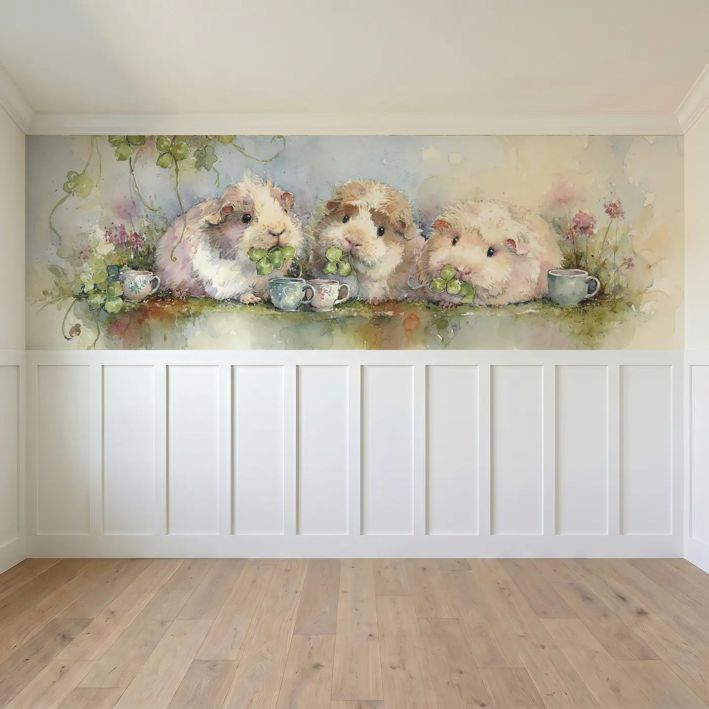Full panel view of Guinea Pig Tea Garden Clover Wainscoting Wallpaper by Whimsy Tots